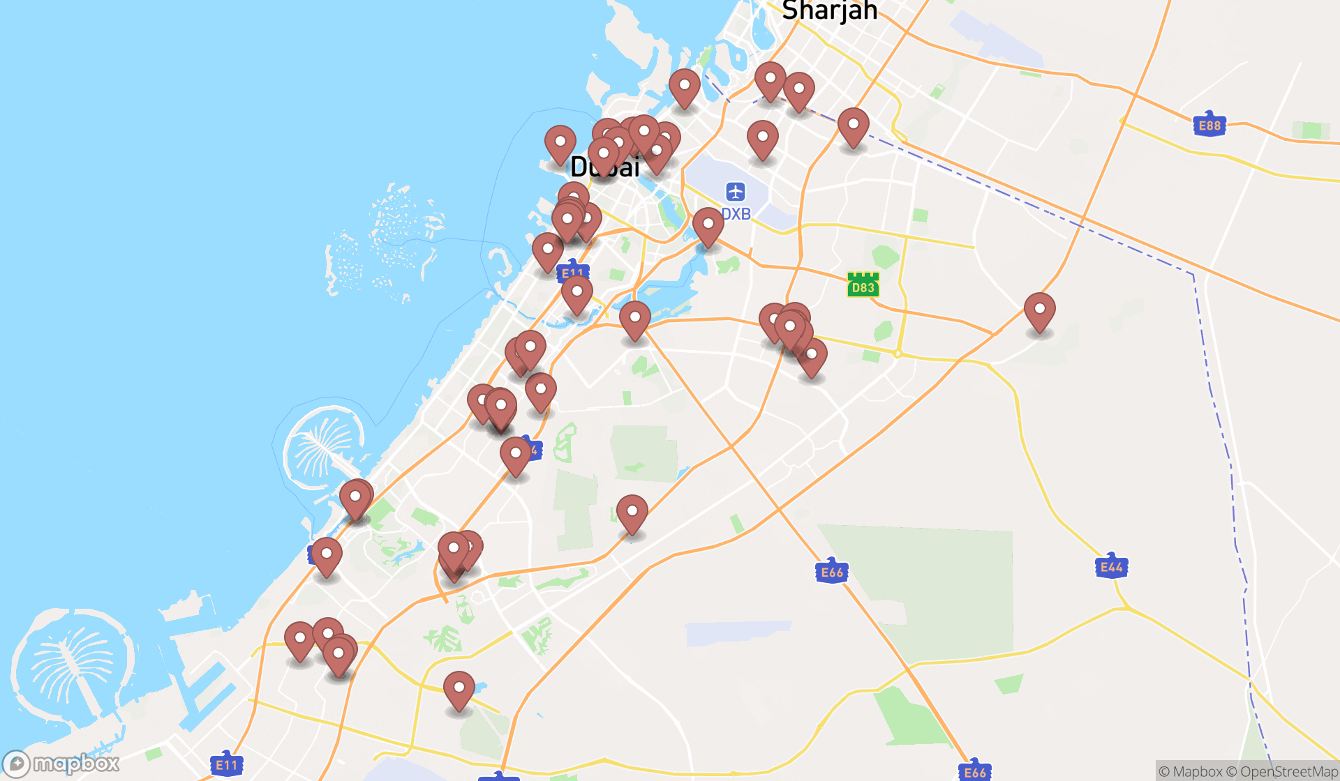 Map showing the search results in Dubai