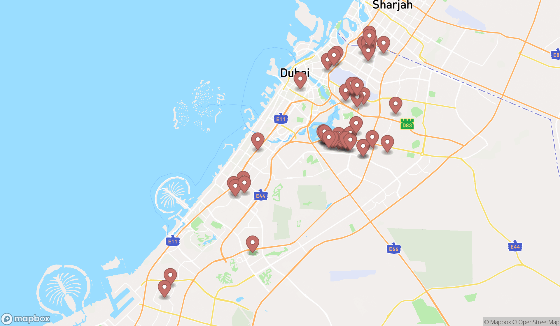 Map showing the search results in Dubai