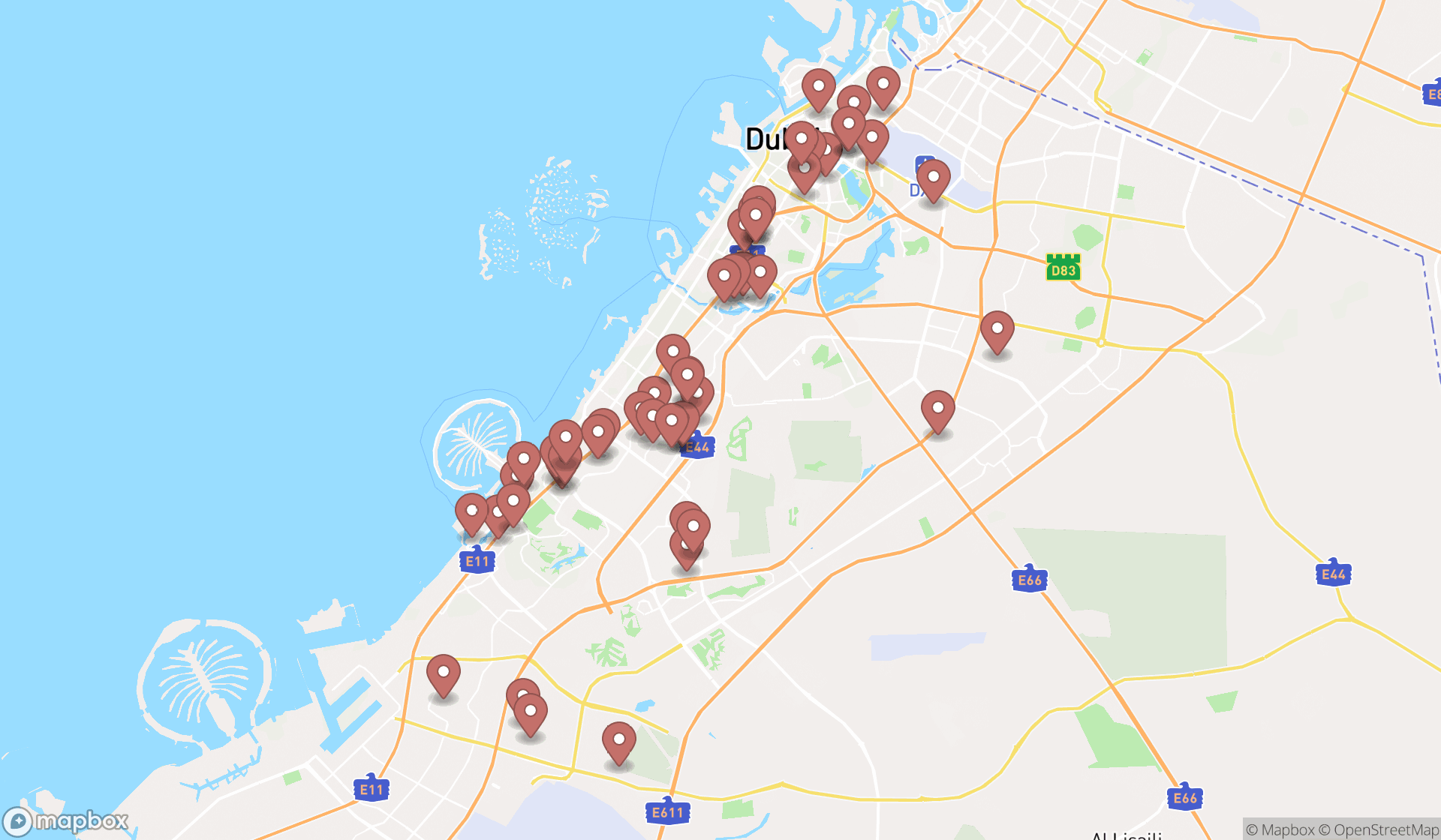 Map showing the search results in Dubai