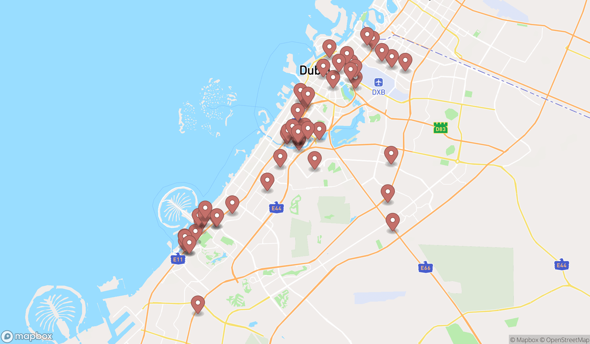 Map showing the search results in Dubai