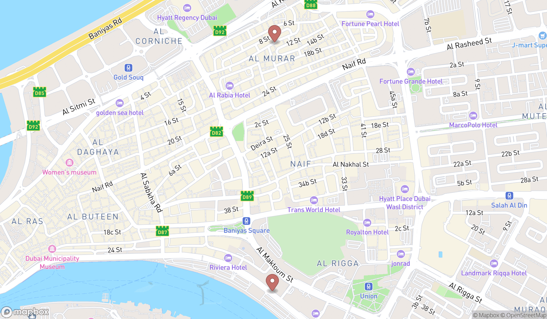 Map showing the search results in Dubai