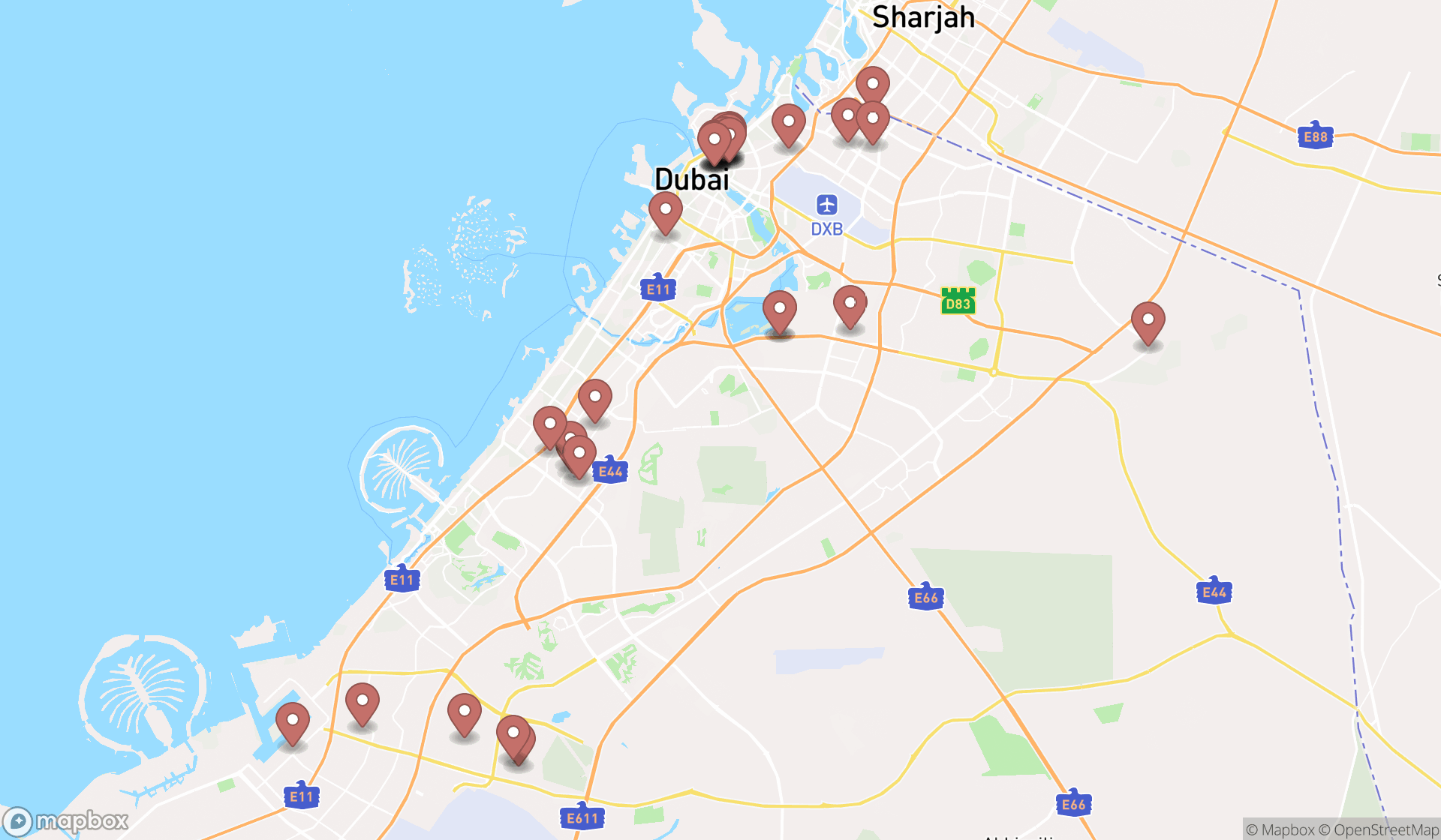 Map showing the search results in Dubai