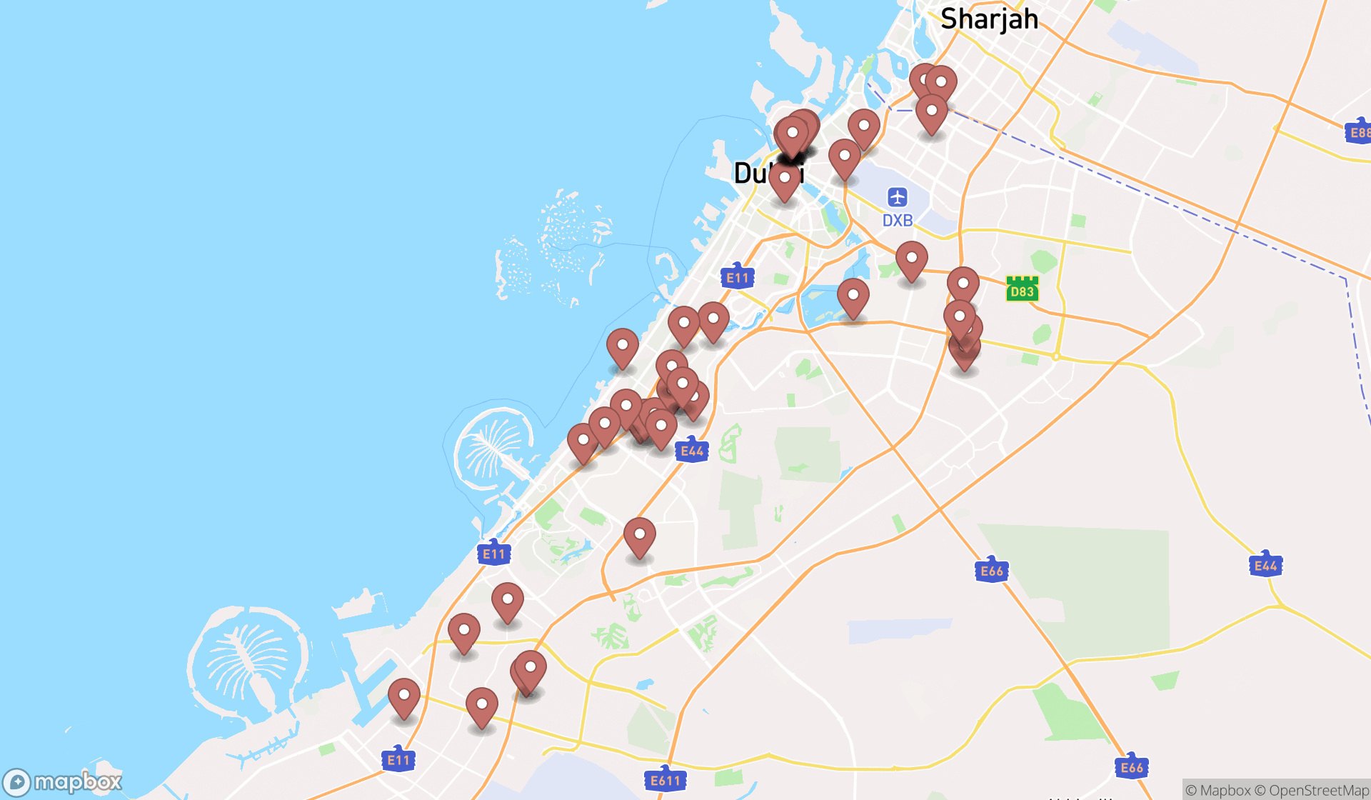 Map showing the search results in Dubai