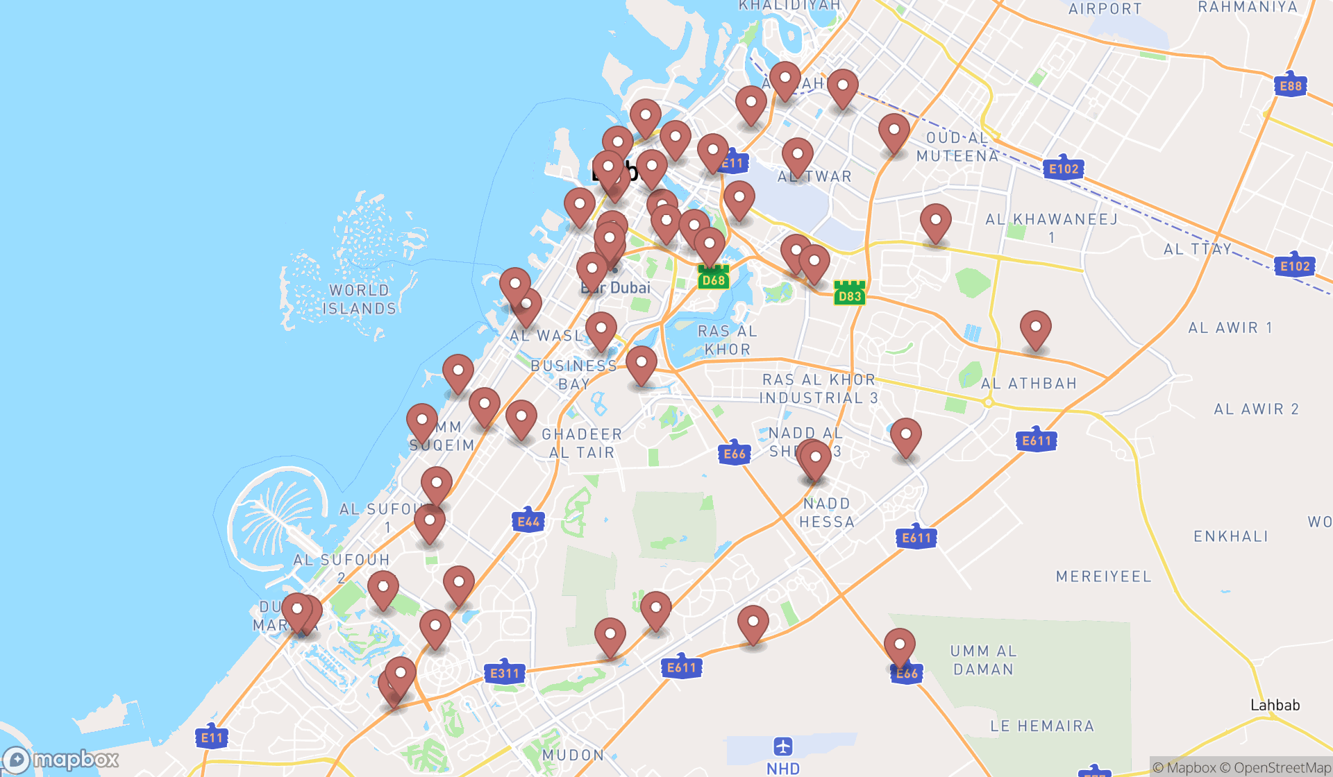 Map showing the search results in Dubai