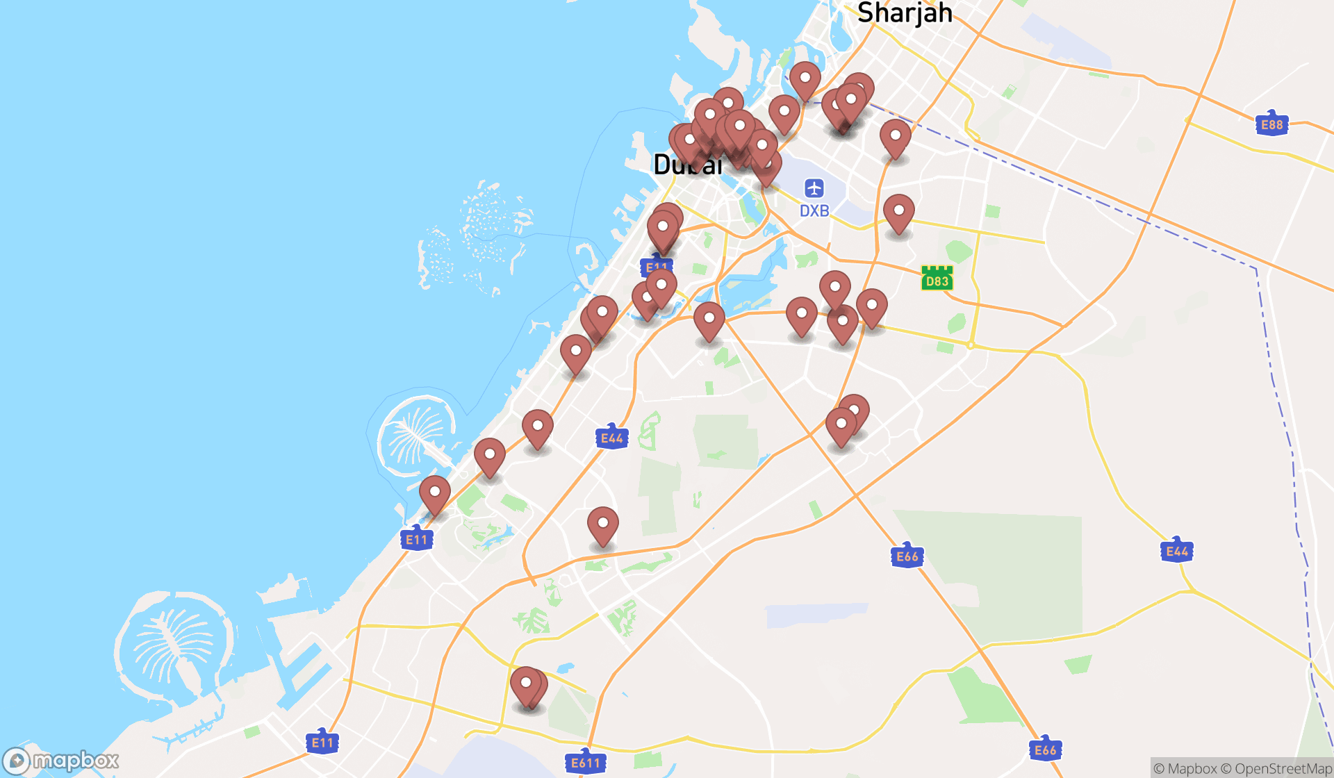 Map showing the search results in Dubai