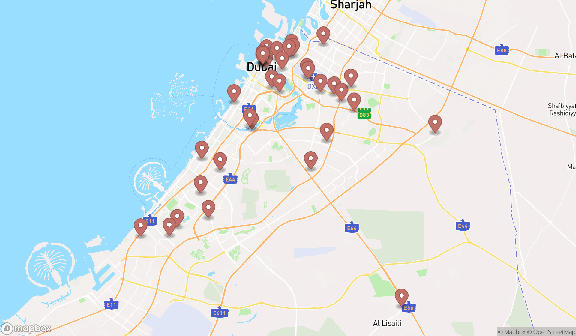 Map showing the search results in Dubai