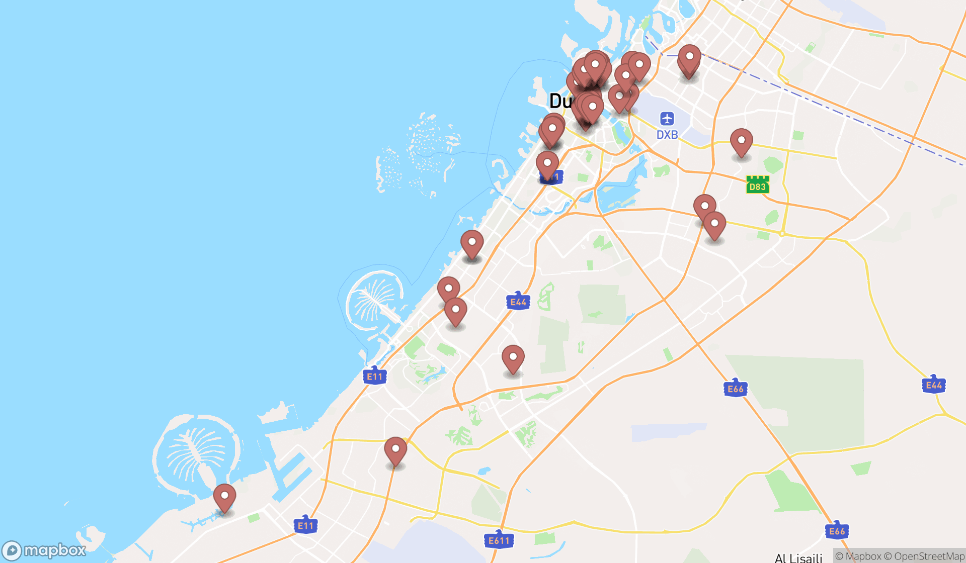 Map showing the search results in Dubai
