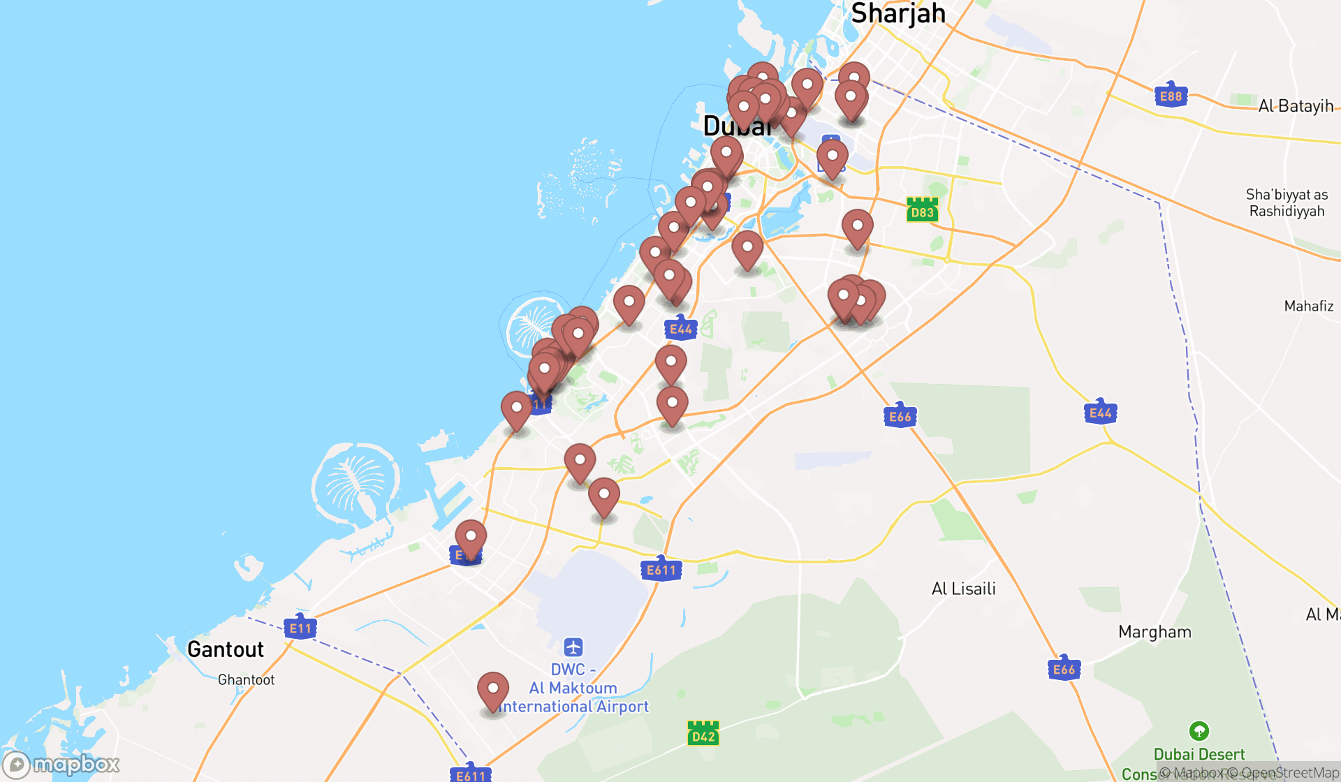 Map showing the search results in Dubai