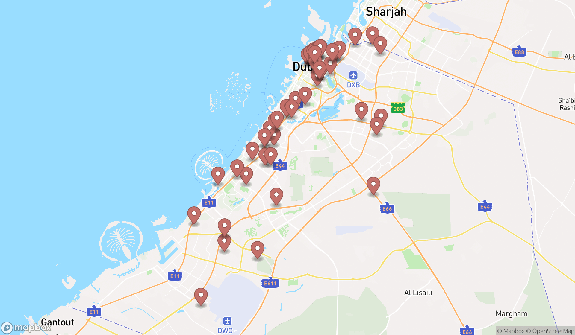 Map showing the search results in Dubai