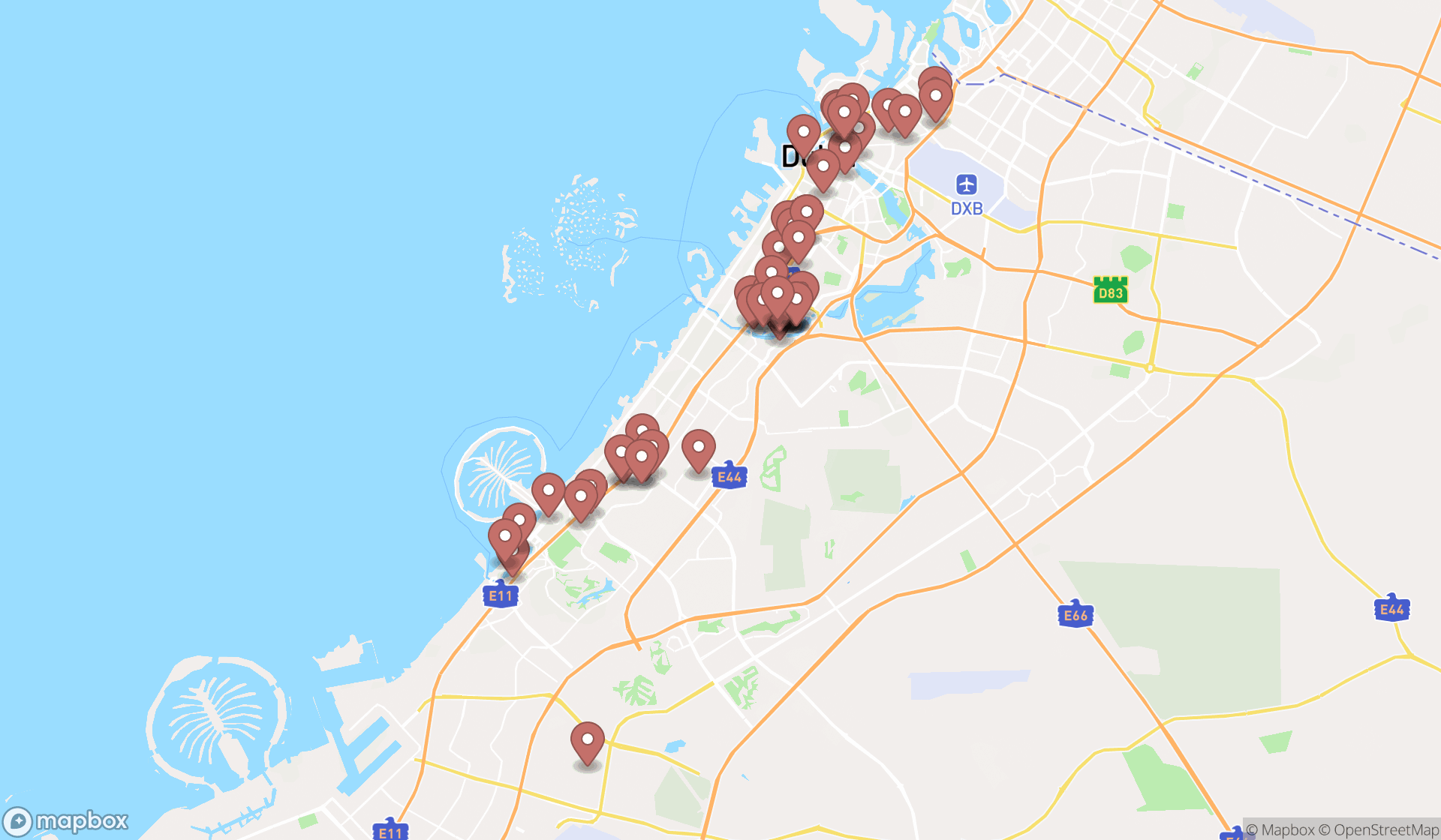 Map showing the search results in Dubai