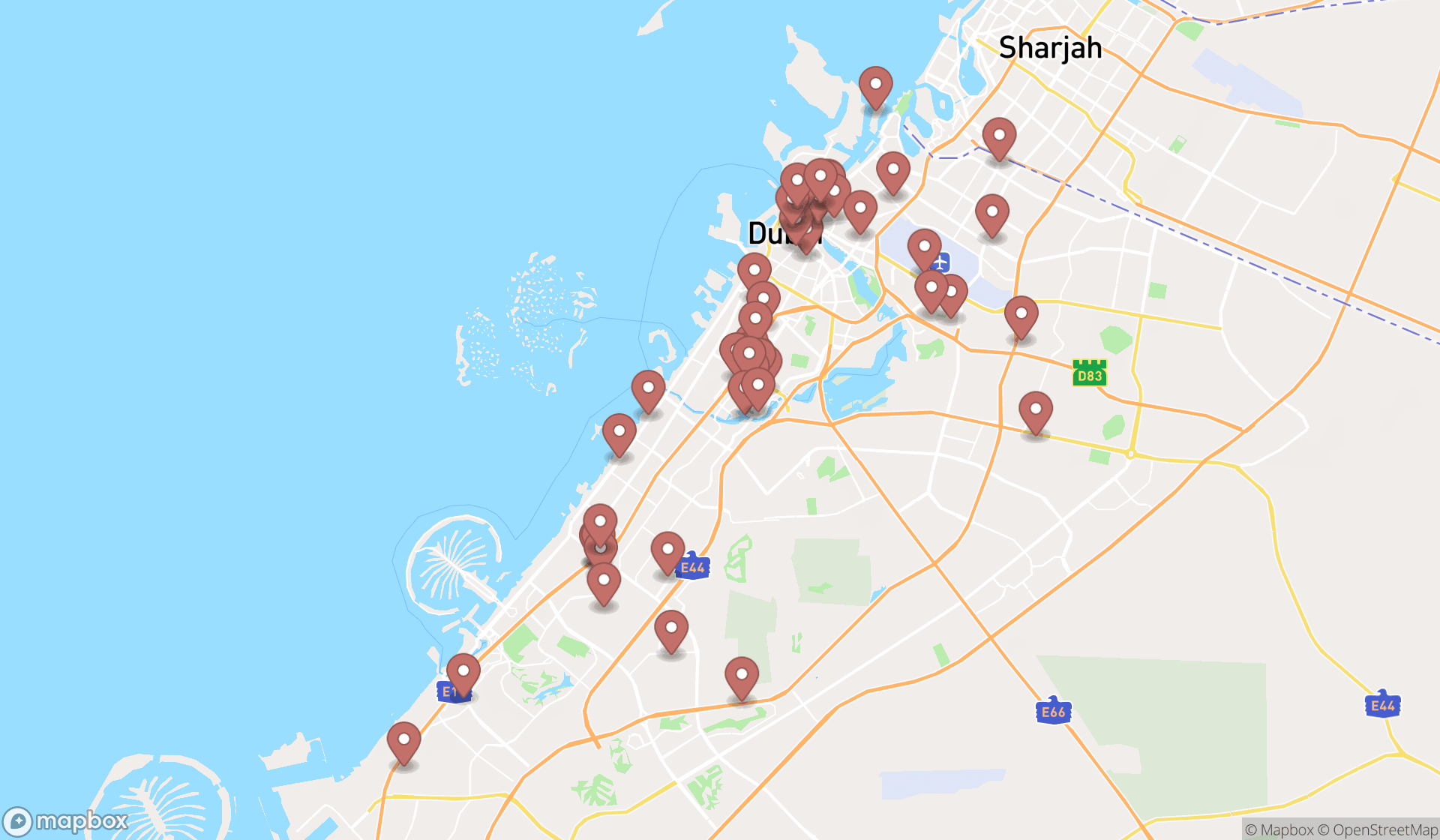 Map showing the search results in Dubai