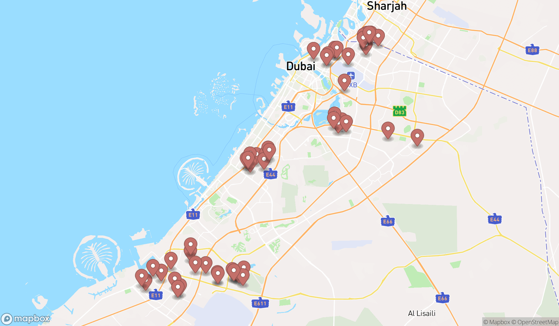 Map showing the search results in Dubai