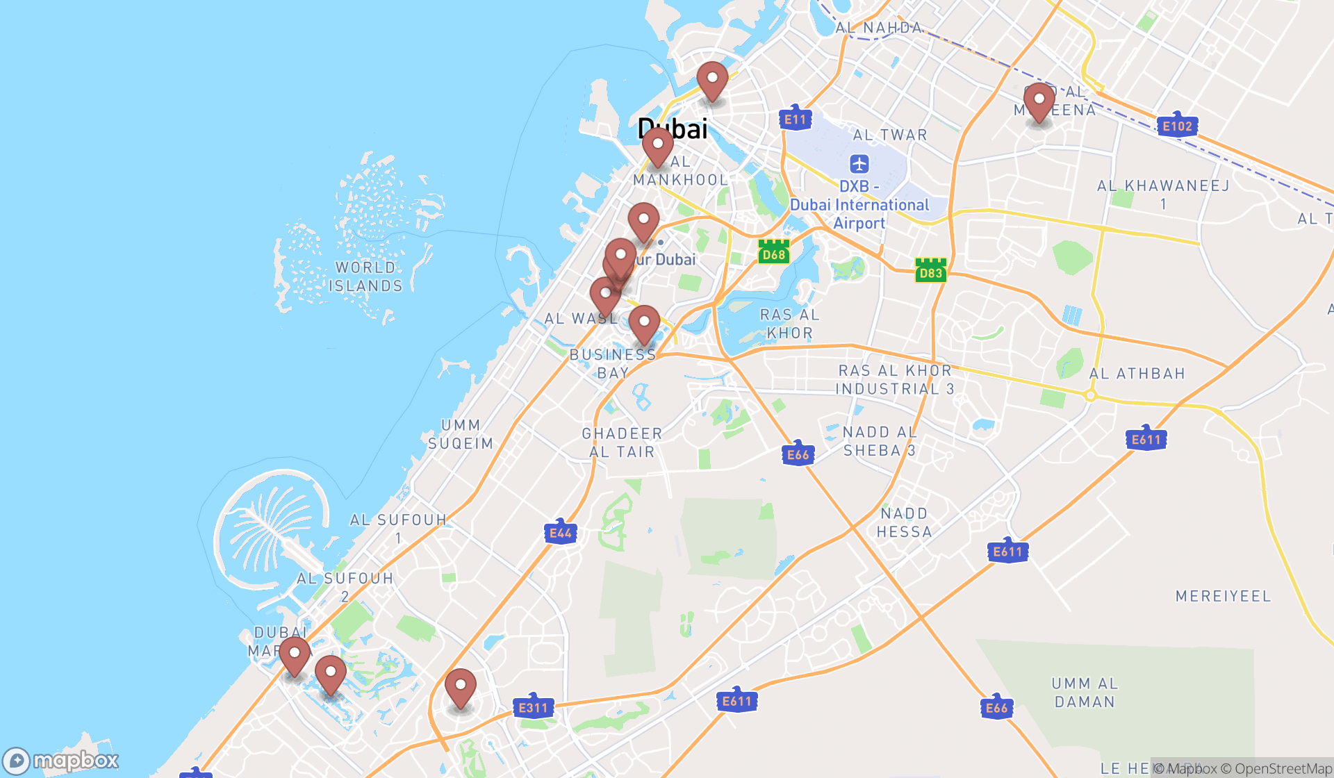 Map showing the search results in Dubai