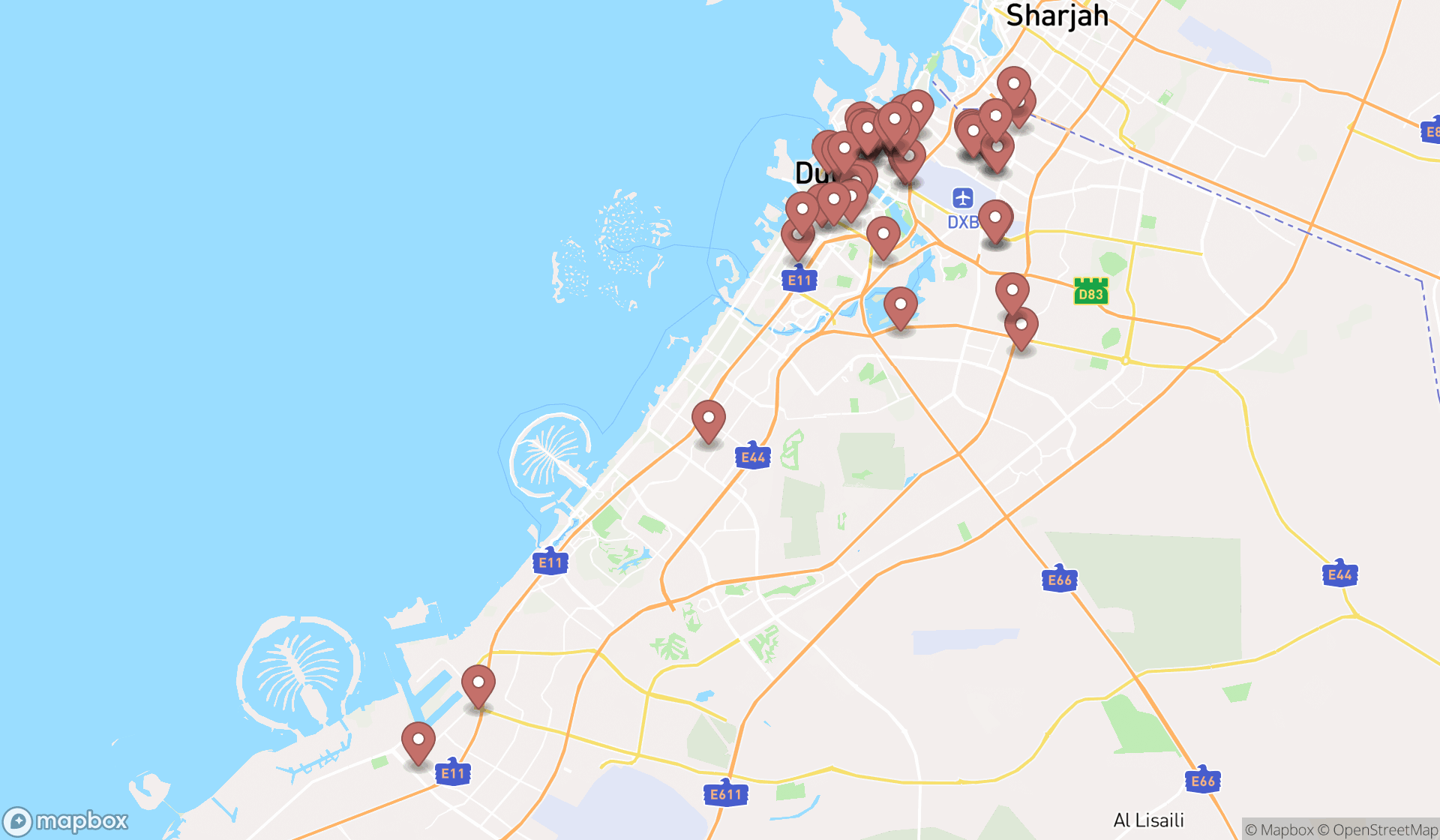 Map showing the search results in Dubai