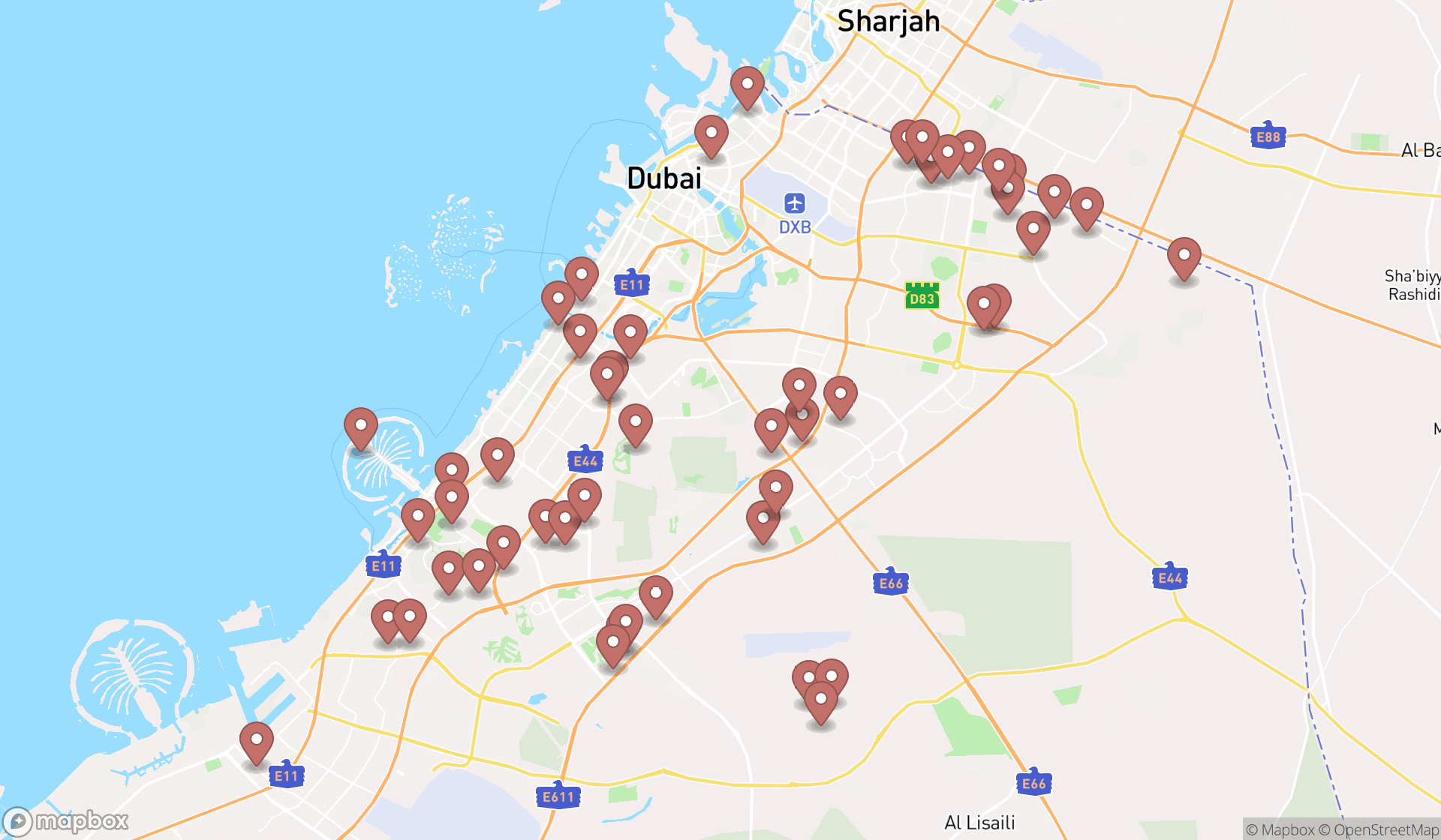 Map showing the search results in Dubai