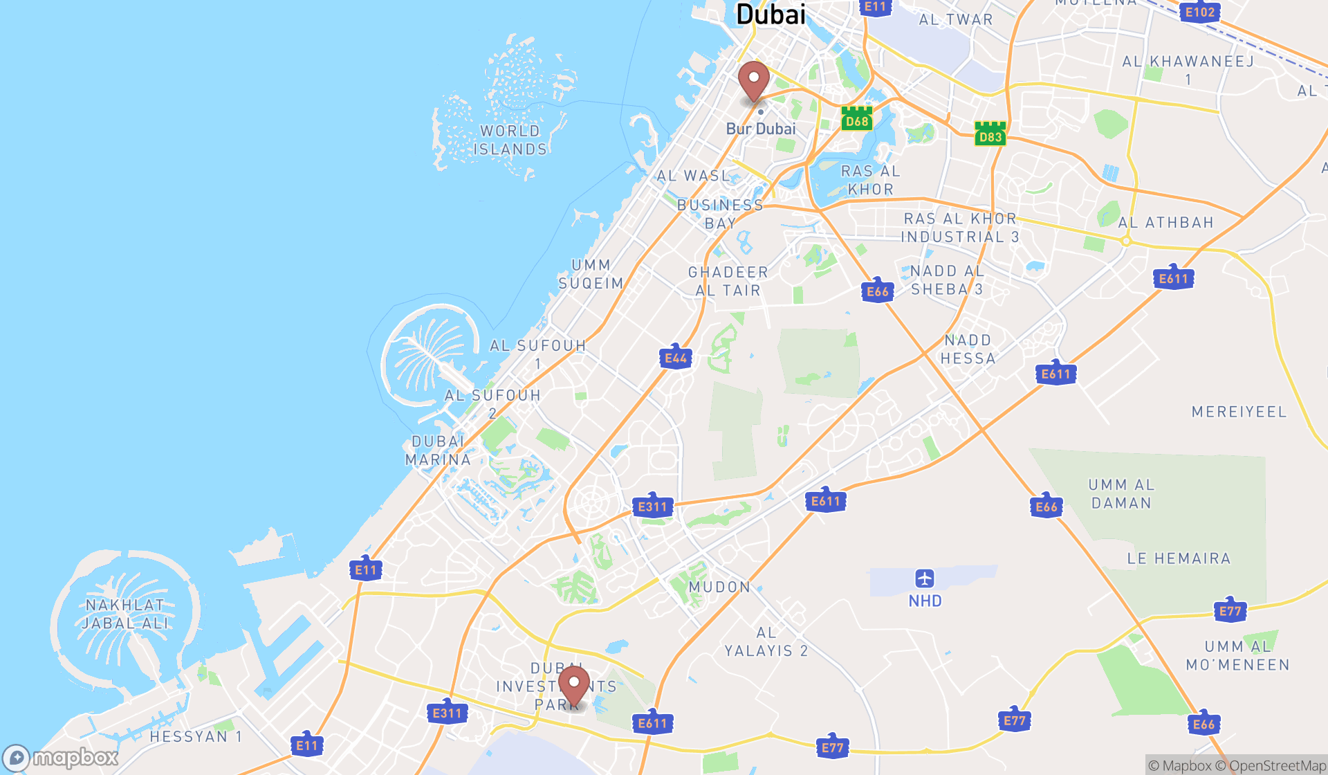 Map showing the search results in Dubai