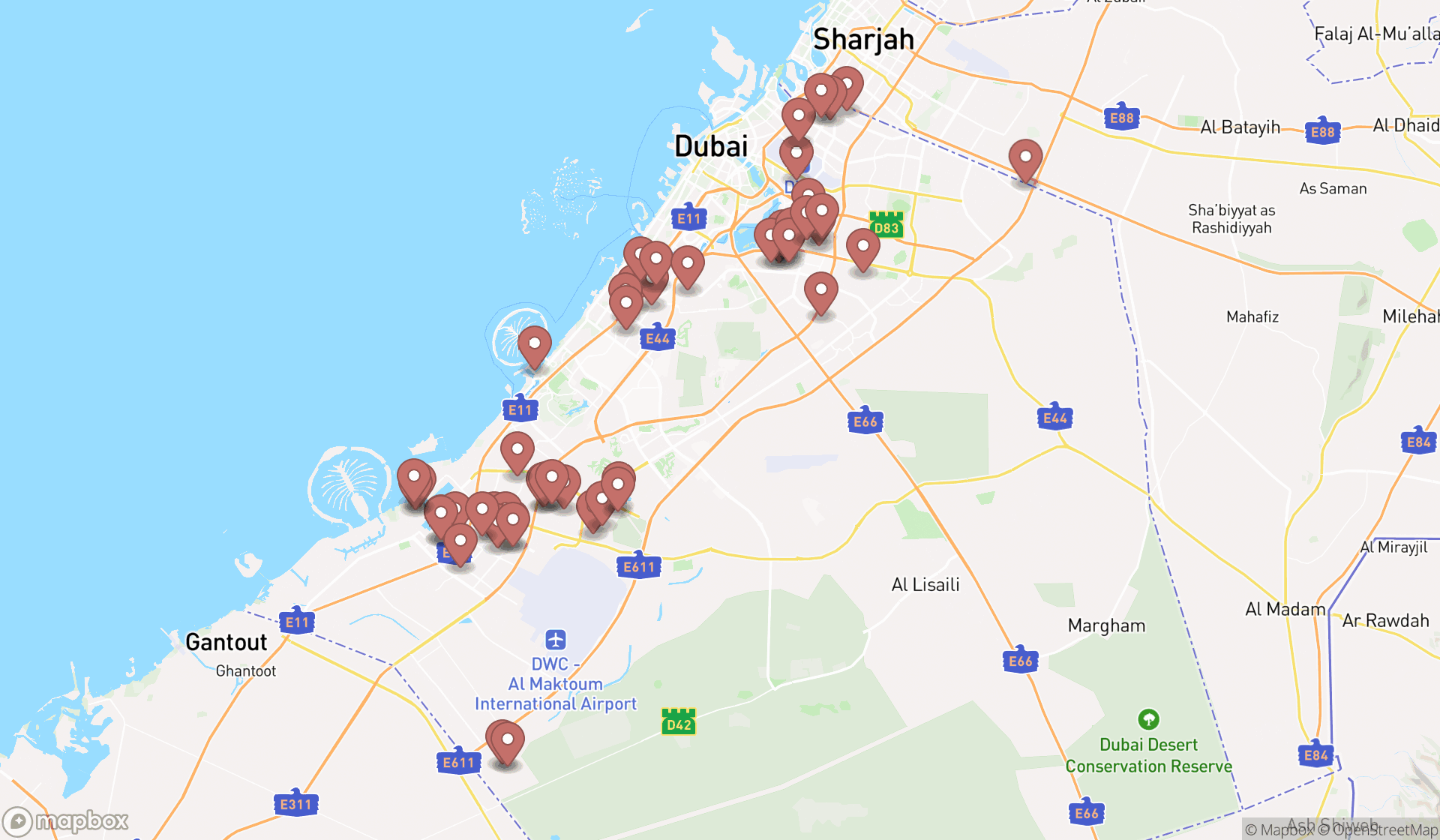 Map showing the search results in Dubai