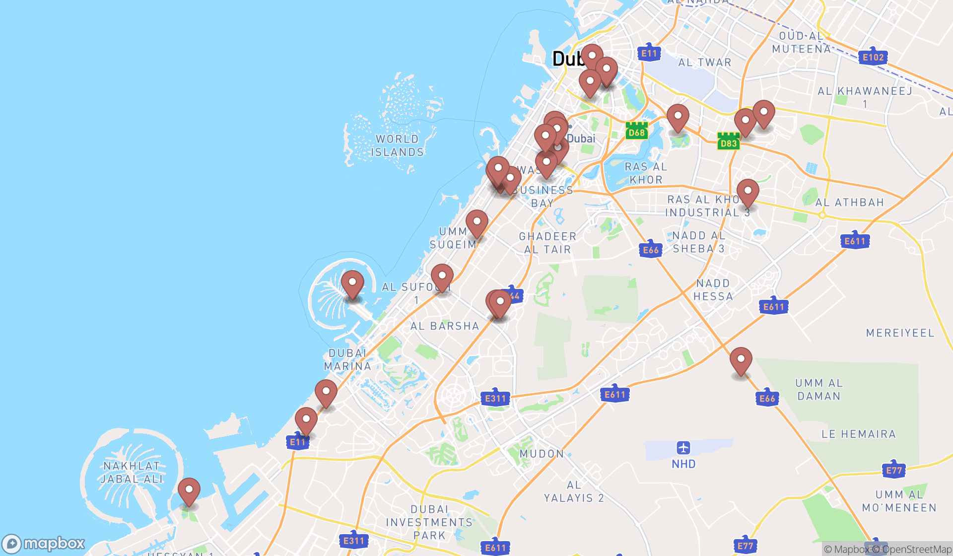 Map showing the search results in Dubai