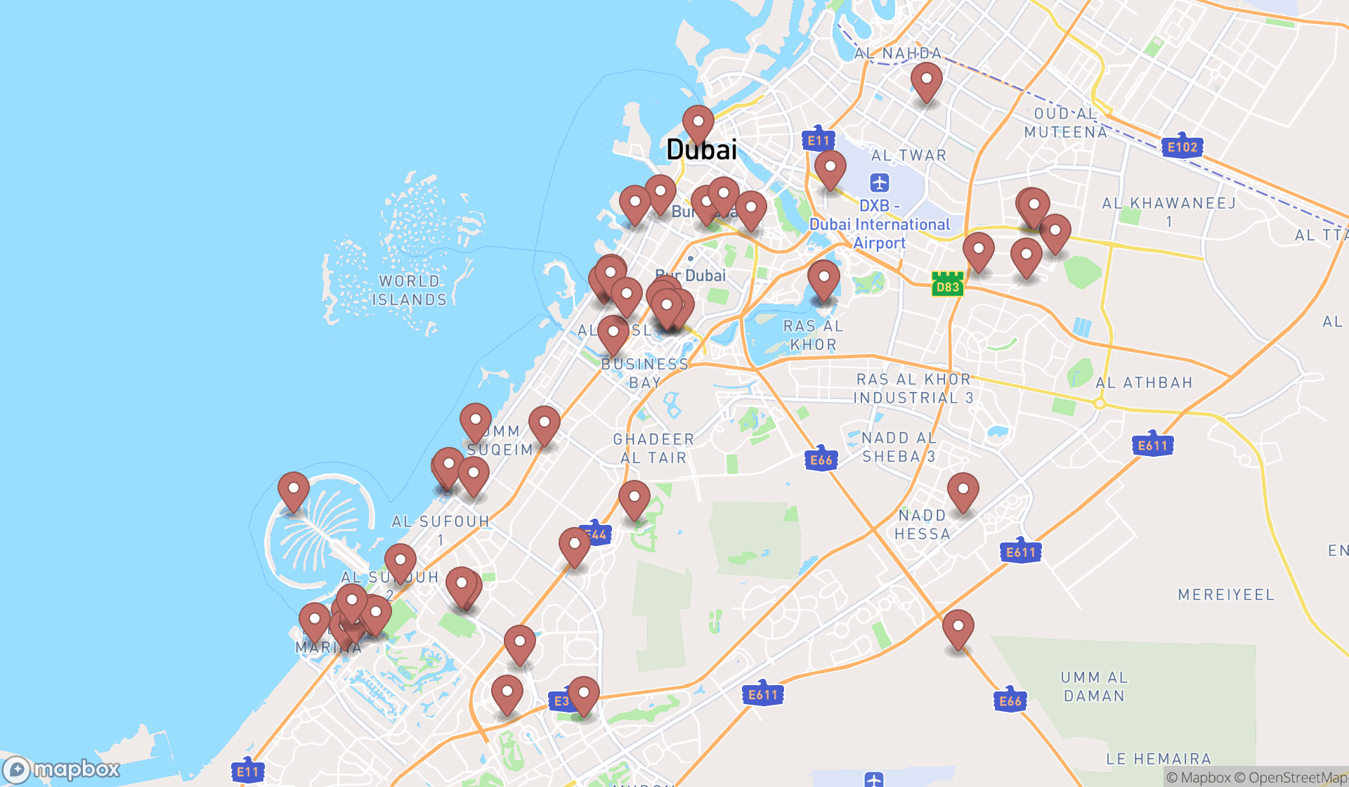 Map showing the search results in Dubai