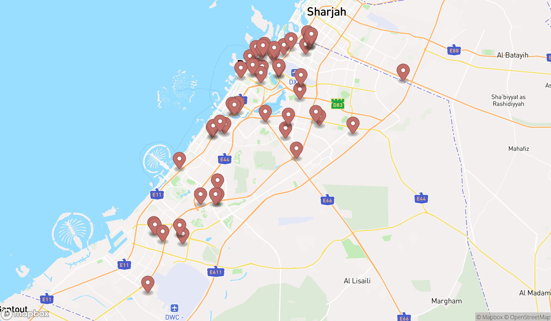 Map showing the search results in Dubai
