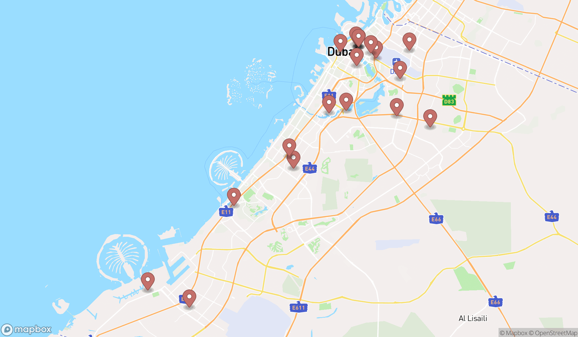 Map showing the search results in Dubai