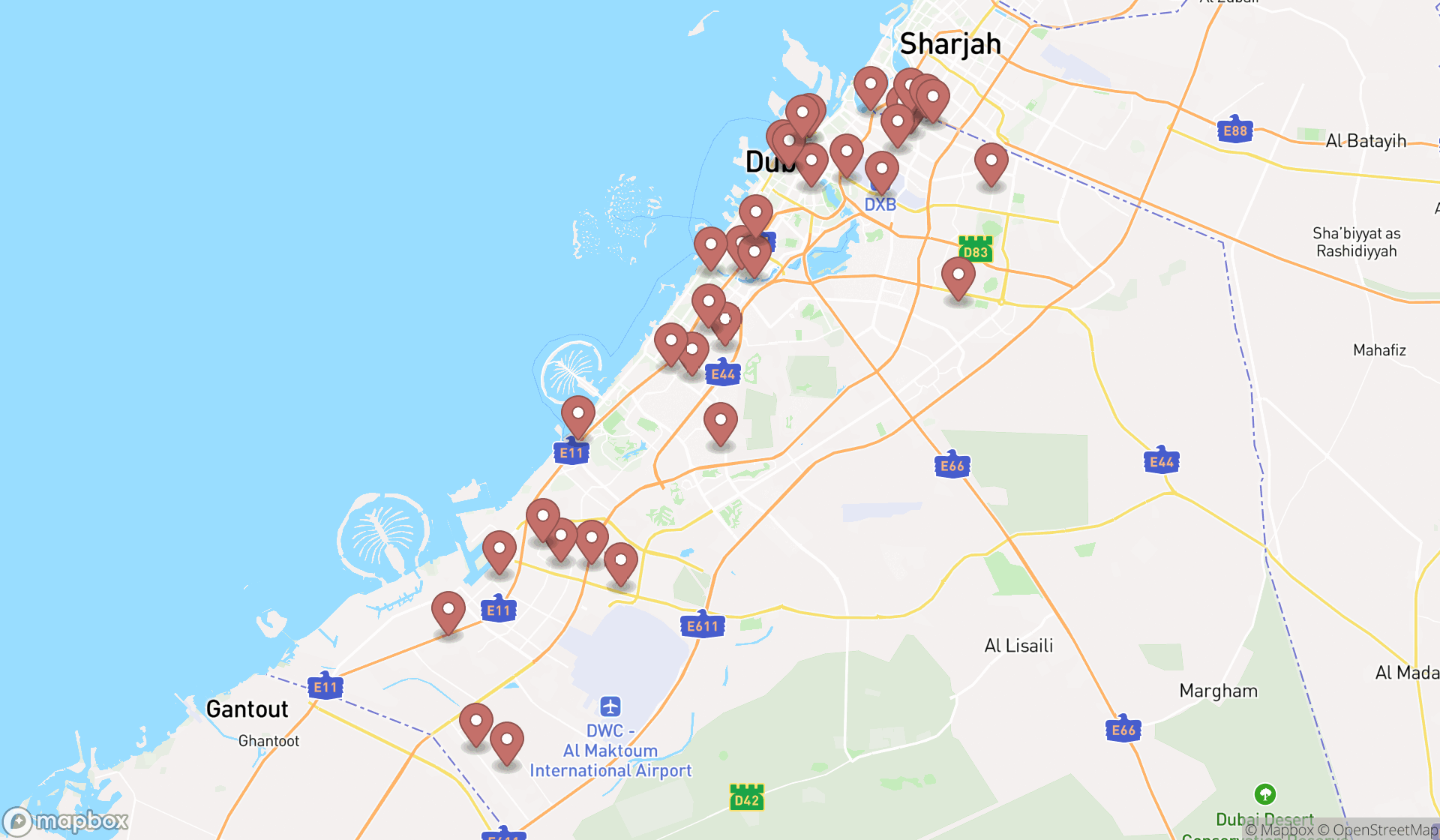 Map showing the search results in Dubai