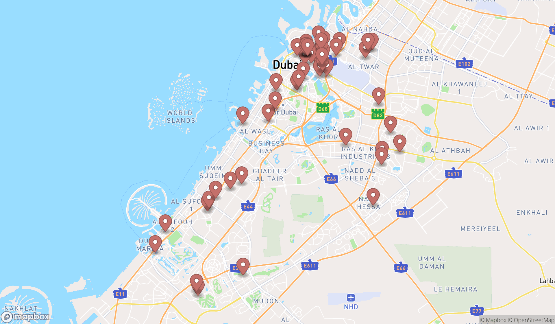 Map showing the search results in Dubai