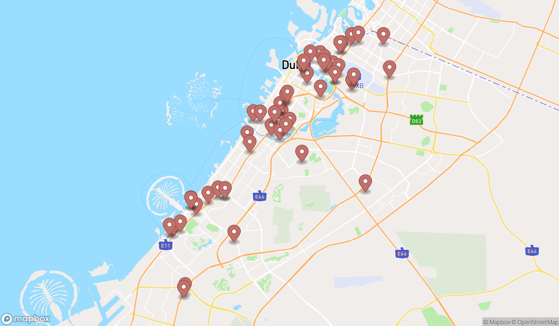 Map showing the search results in Dubai