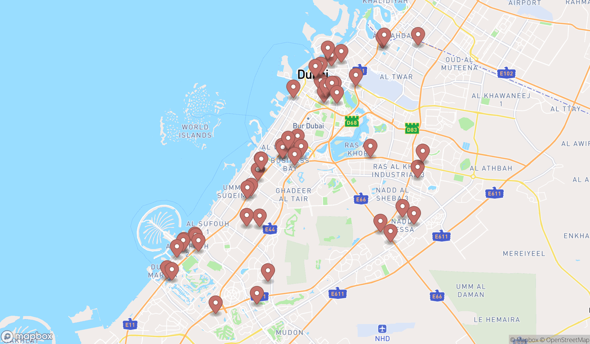 Map showing the search results in Dubai