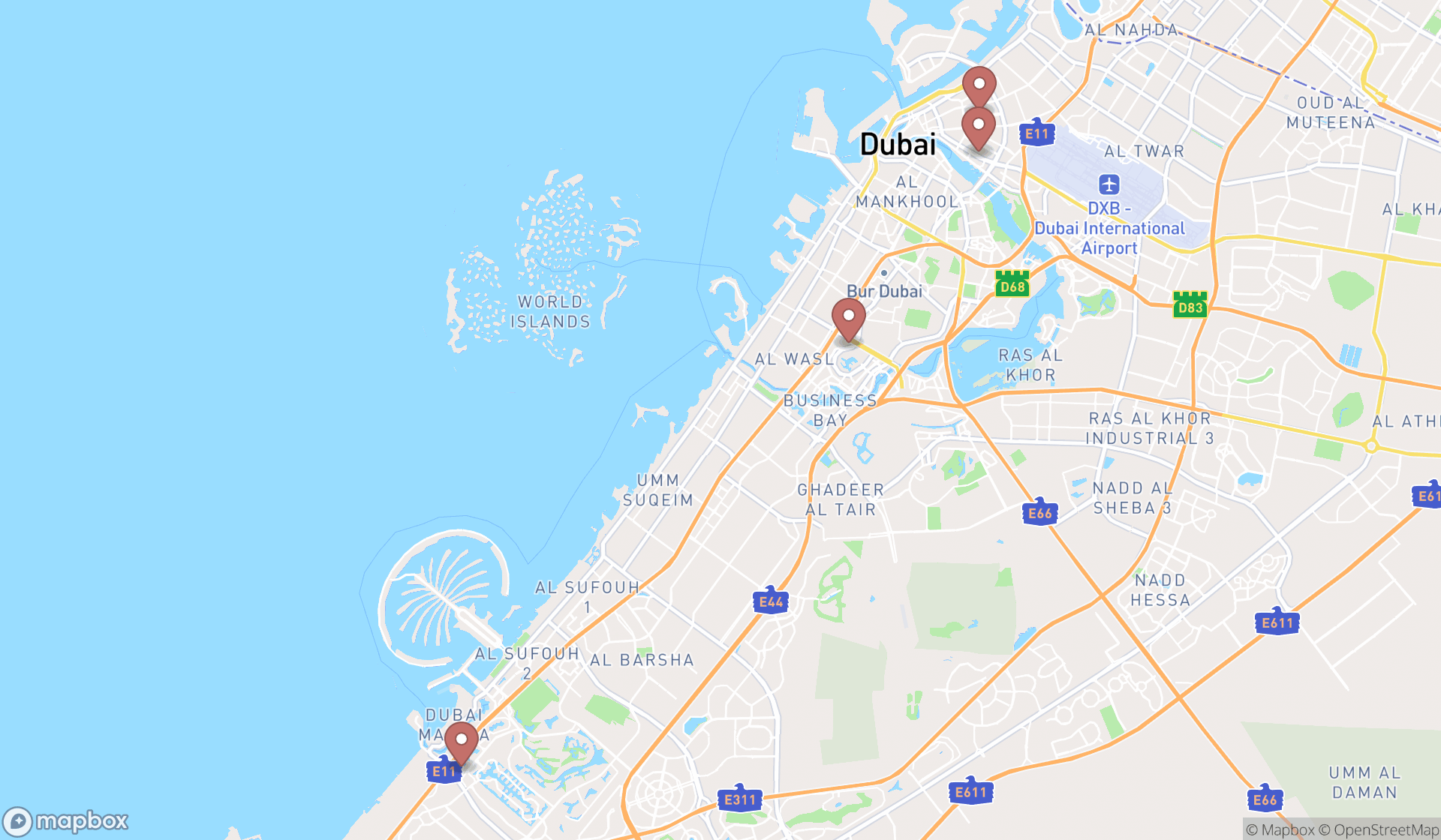 Map showing the search results in Dubai