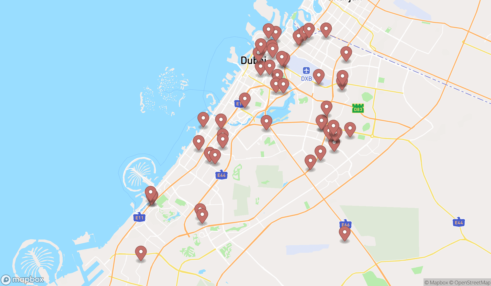 Map showing the search results in Dubai