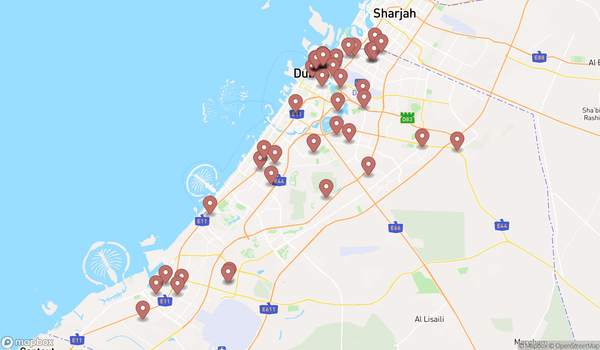 Map showing the search results in Dubai