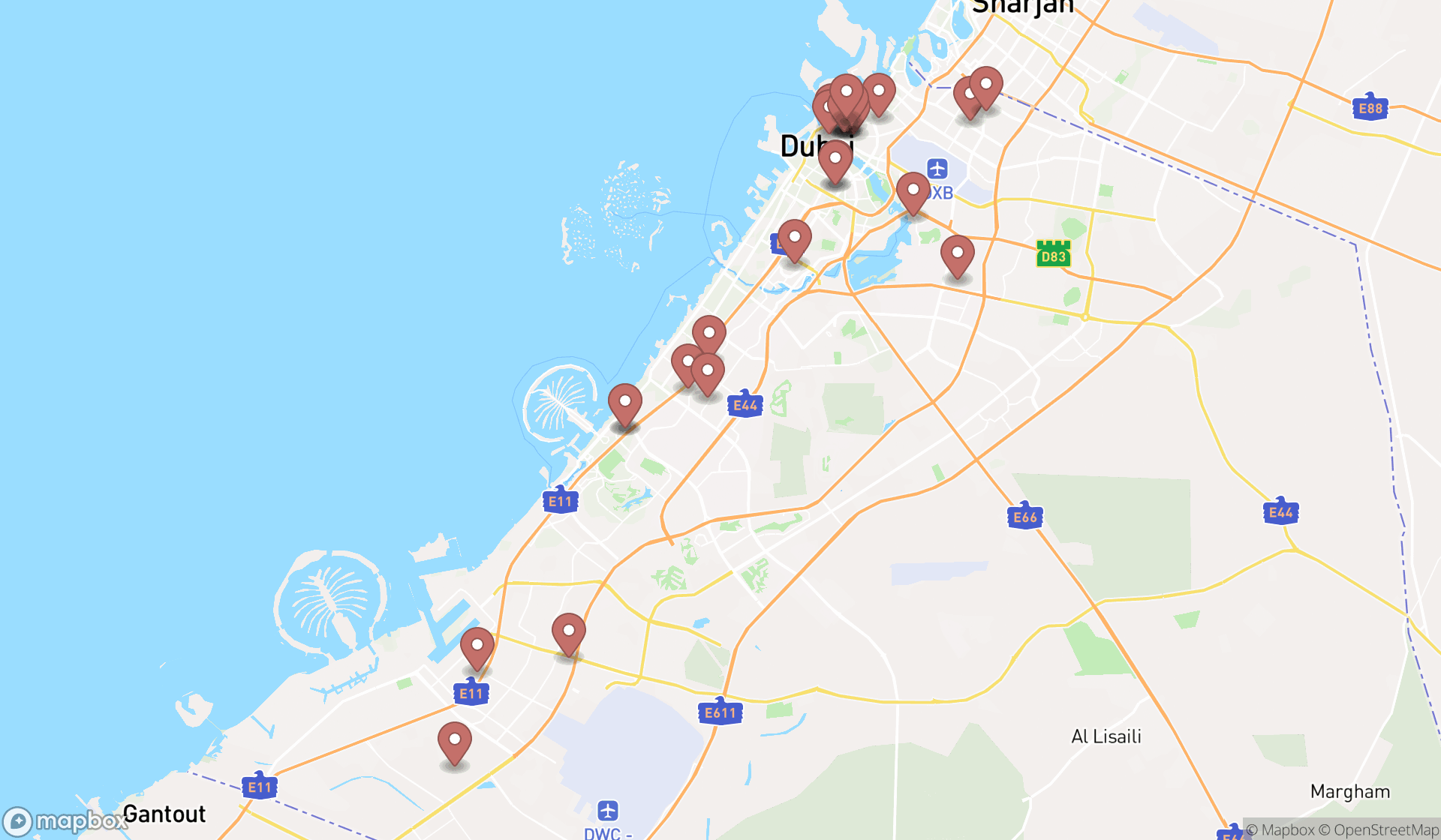 Map showing the search results in Dubai