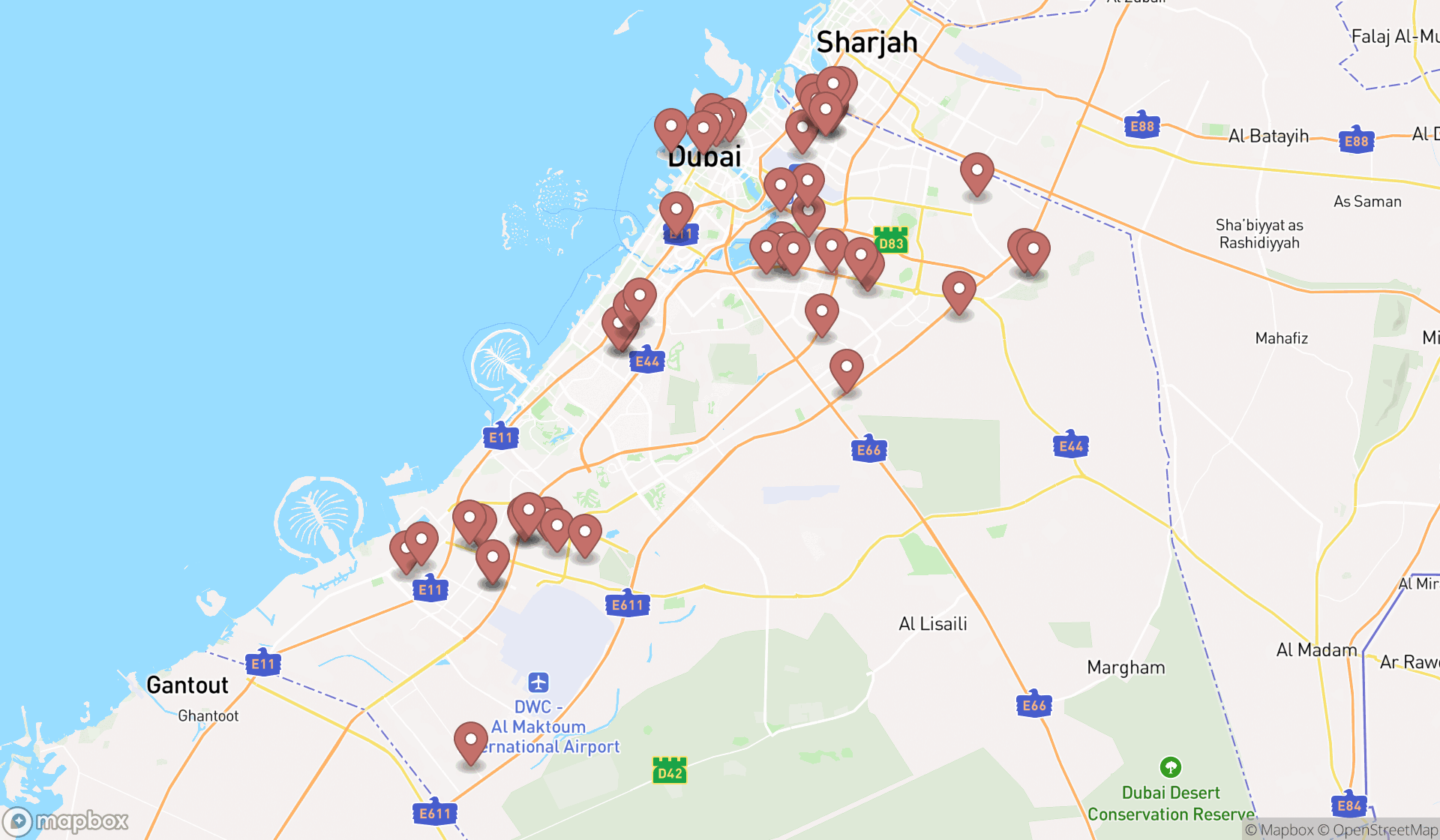 Map showing the search results in Dubai