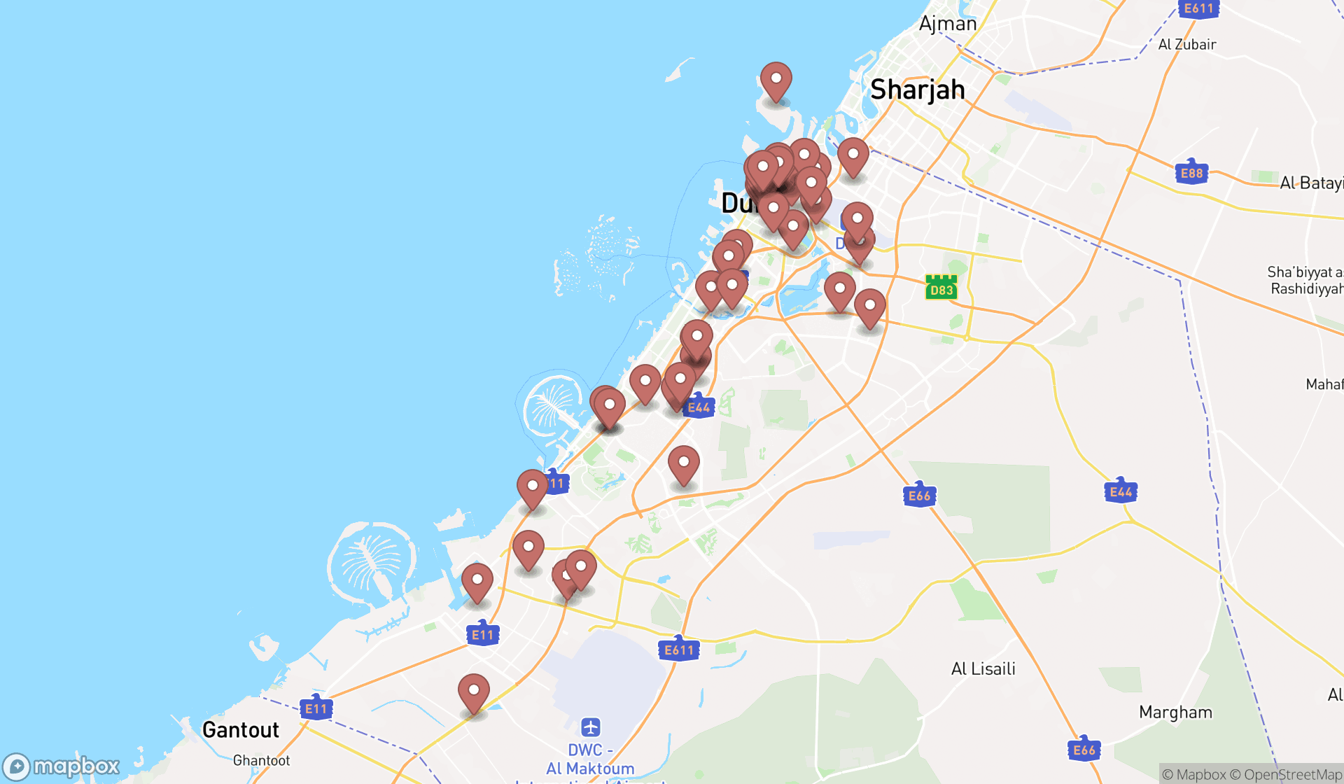 Map showing the search results in Dubai