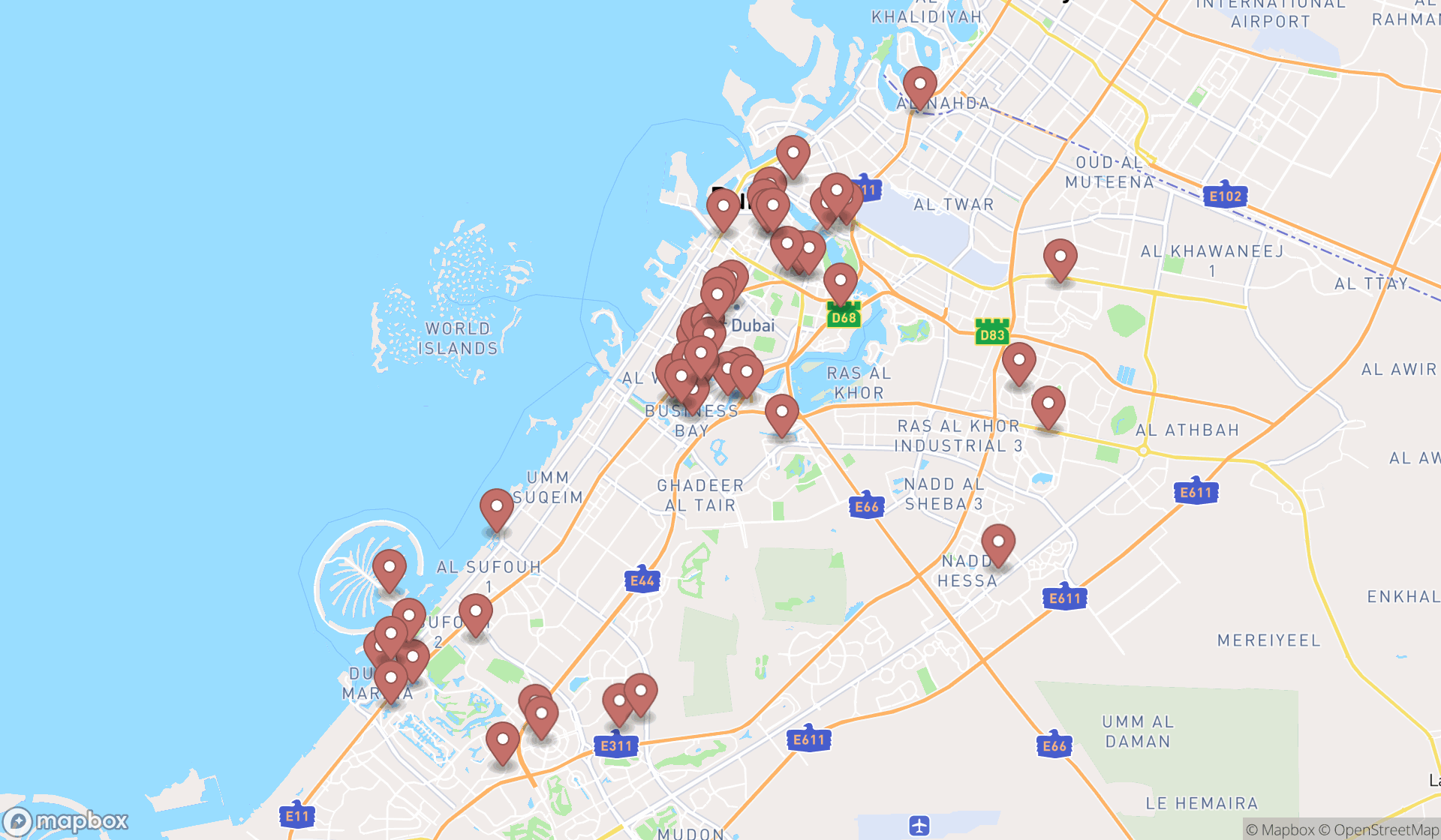 Map showing the search results in Dubai