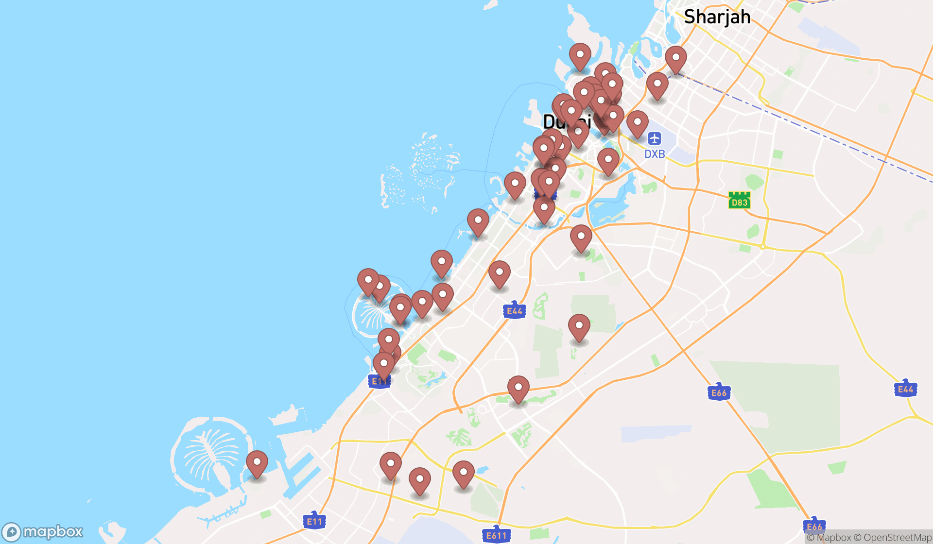 Map showing the search results in Dubai