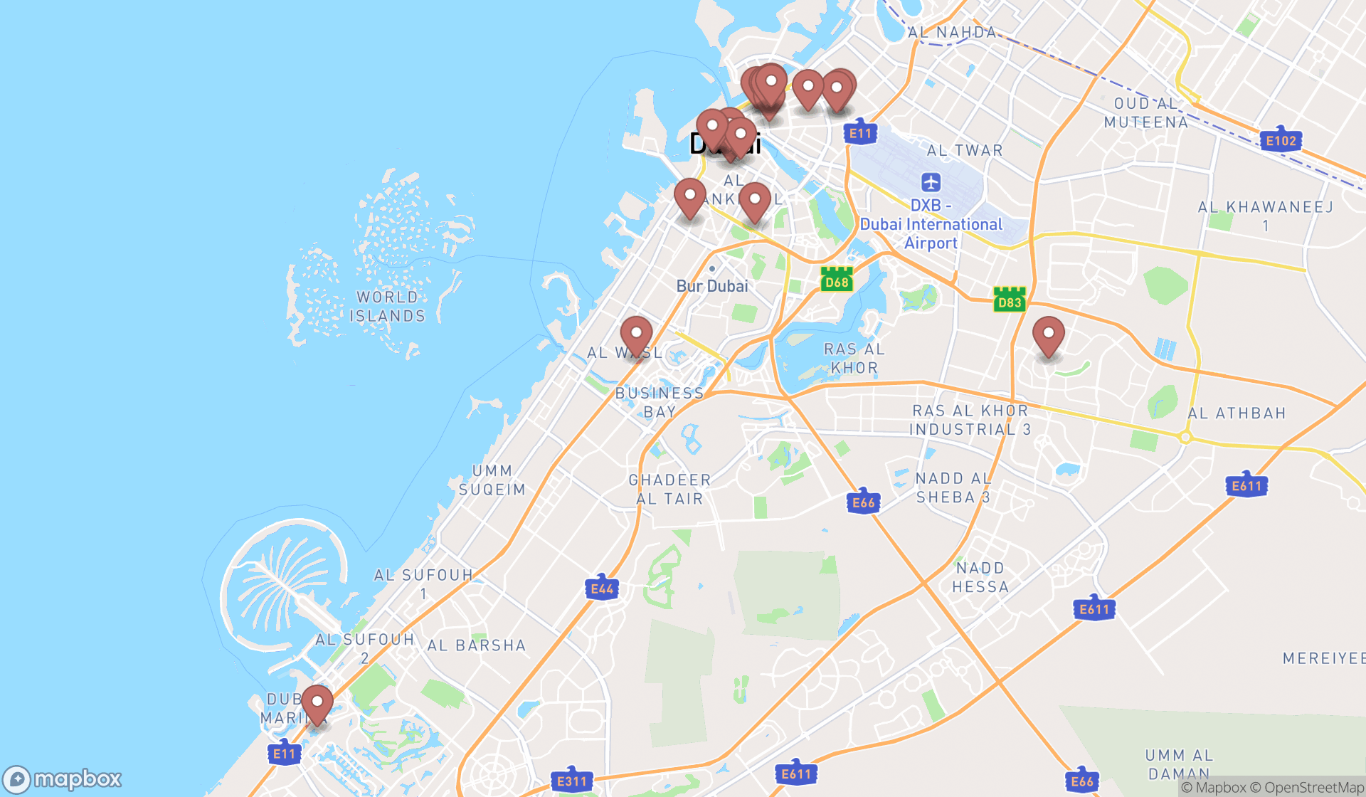 Map showing the search results in Dubai