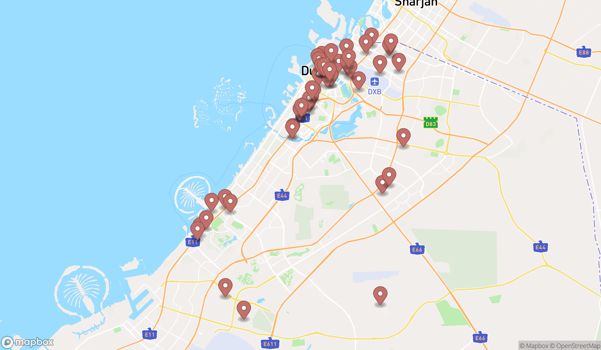 Map showing the search results in Dubai