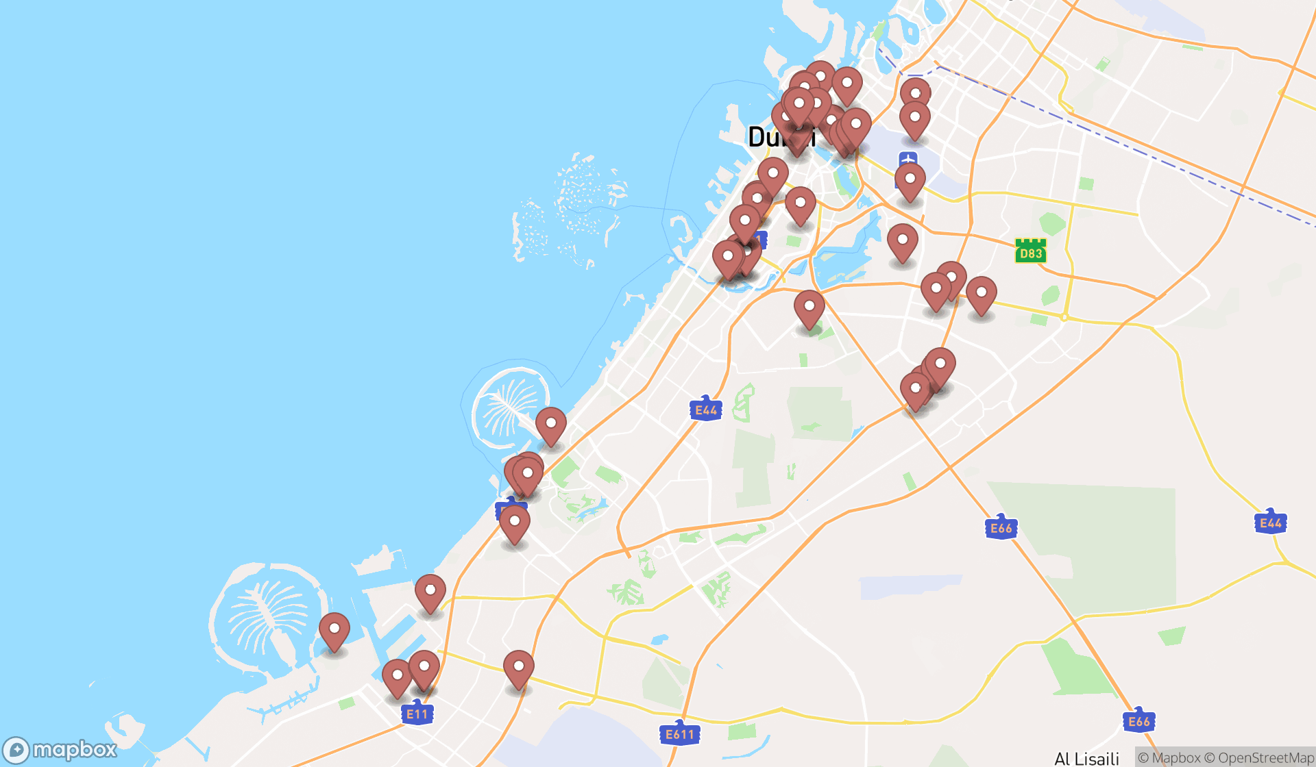 Map showing the search results in Dubai