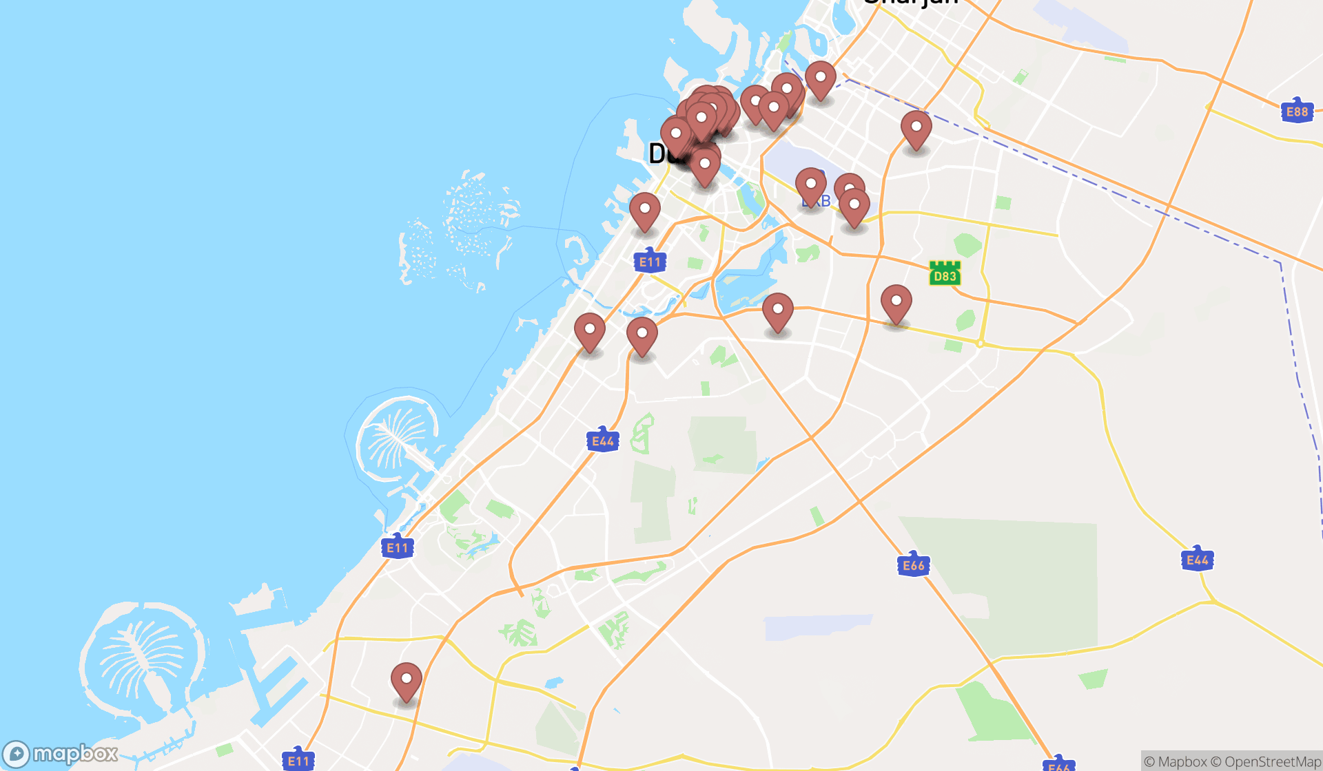 Map showing the search results in Dubai
