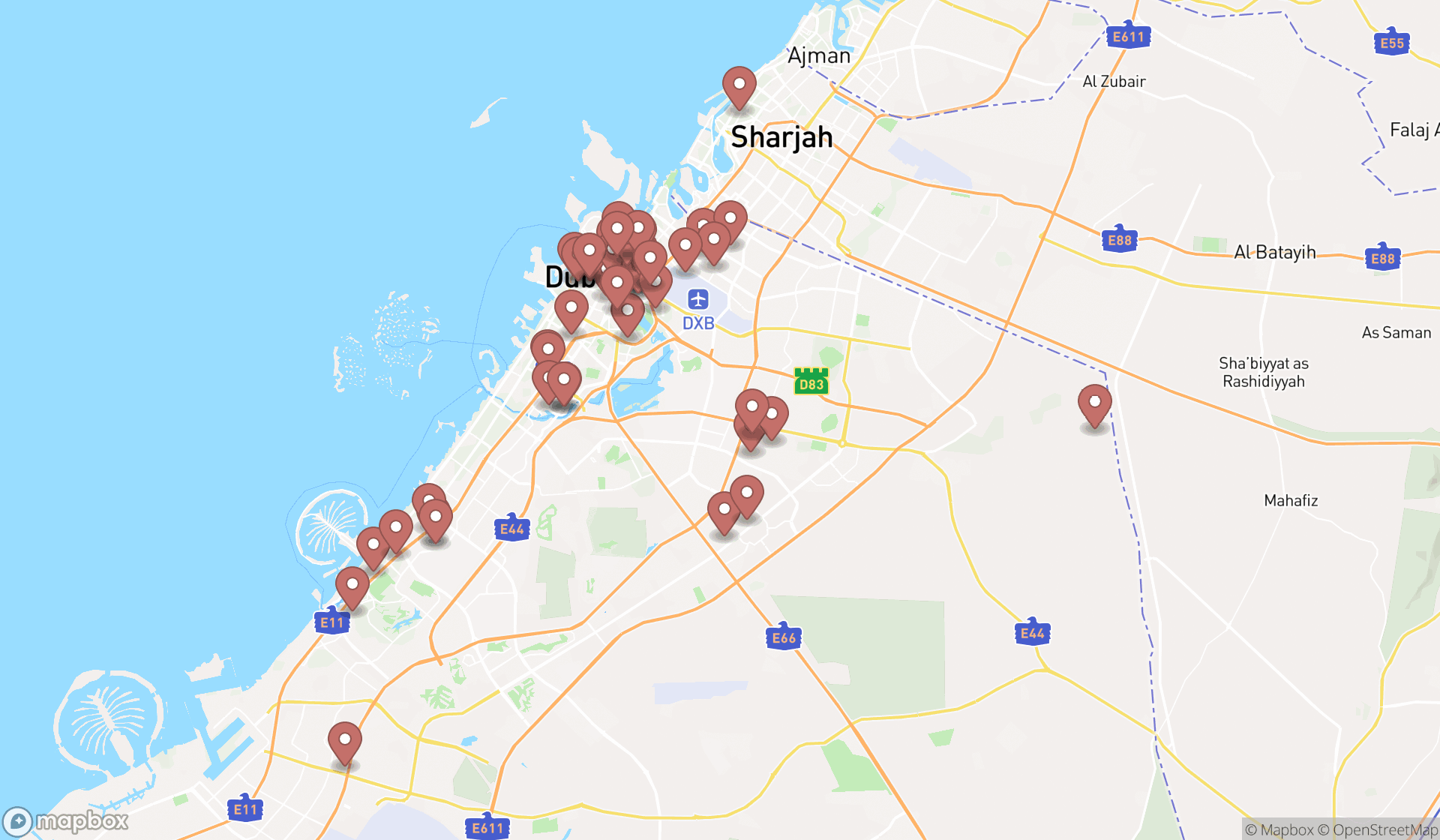 Map showing the search results in Dubai