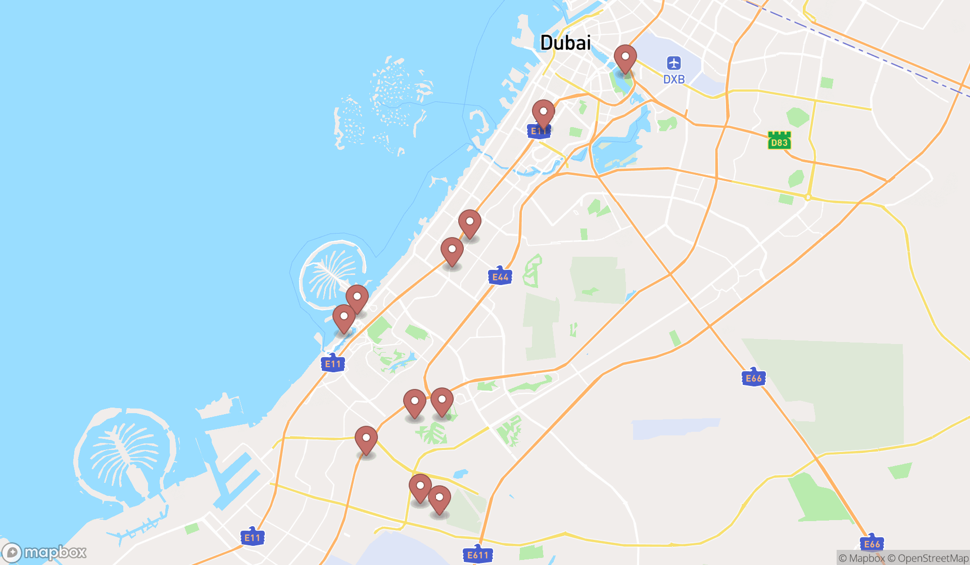Map showing the search results in Dubai