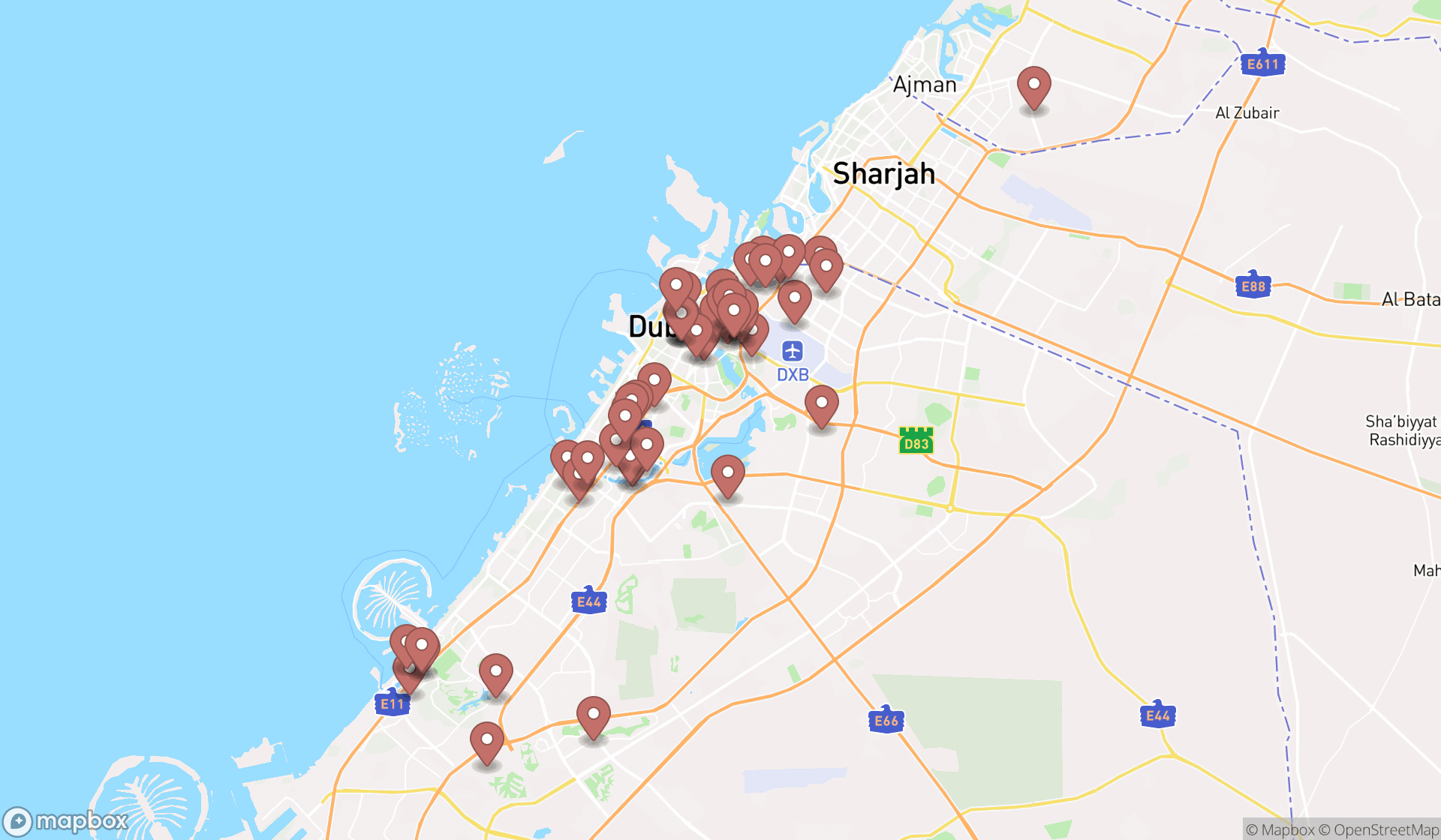 Map showing the search results in Dubai