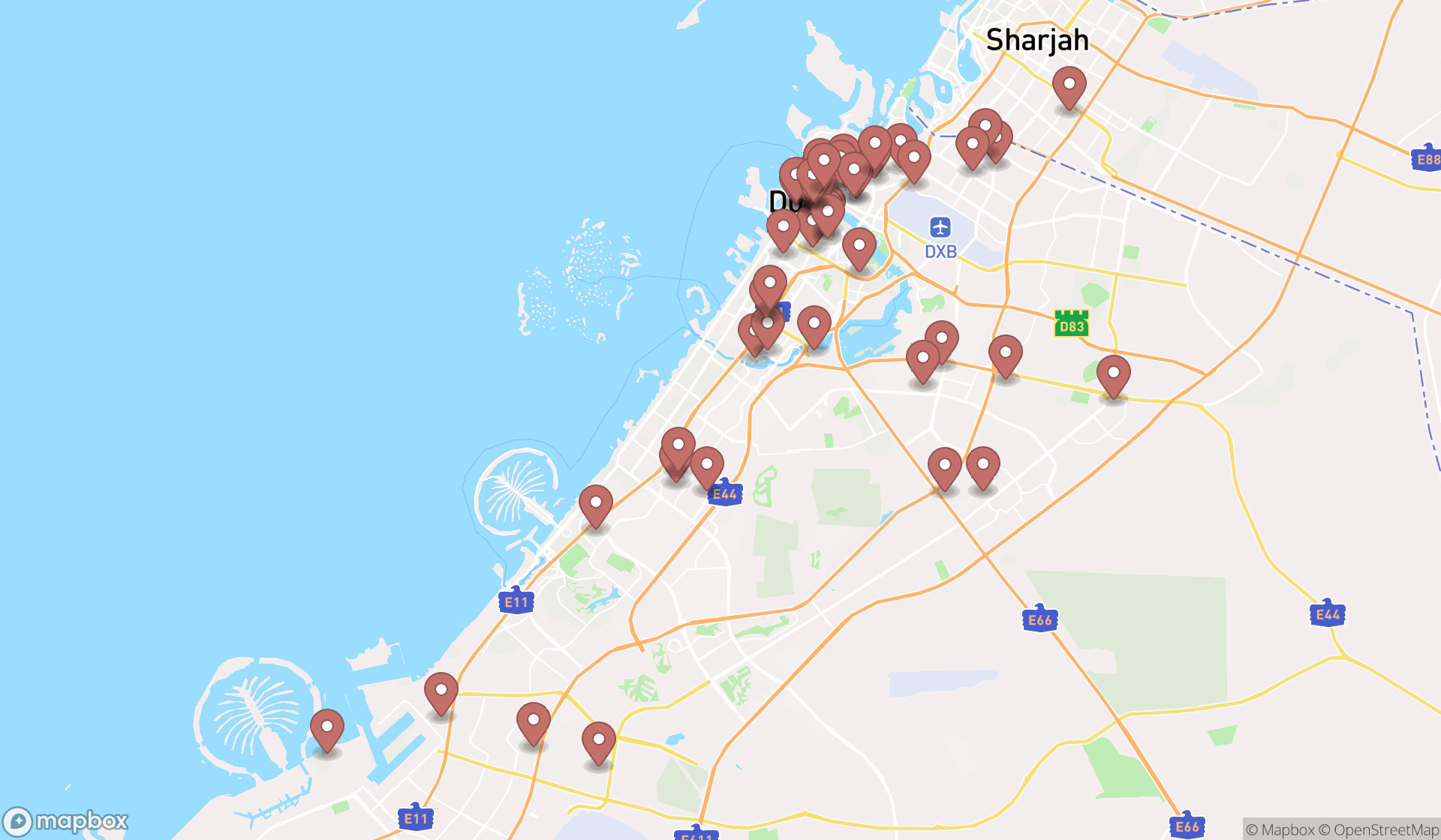 Map showing the search results in Dubai