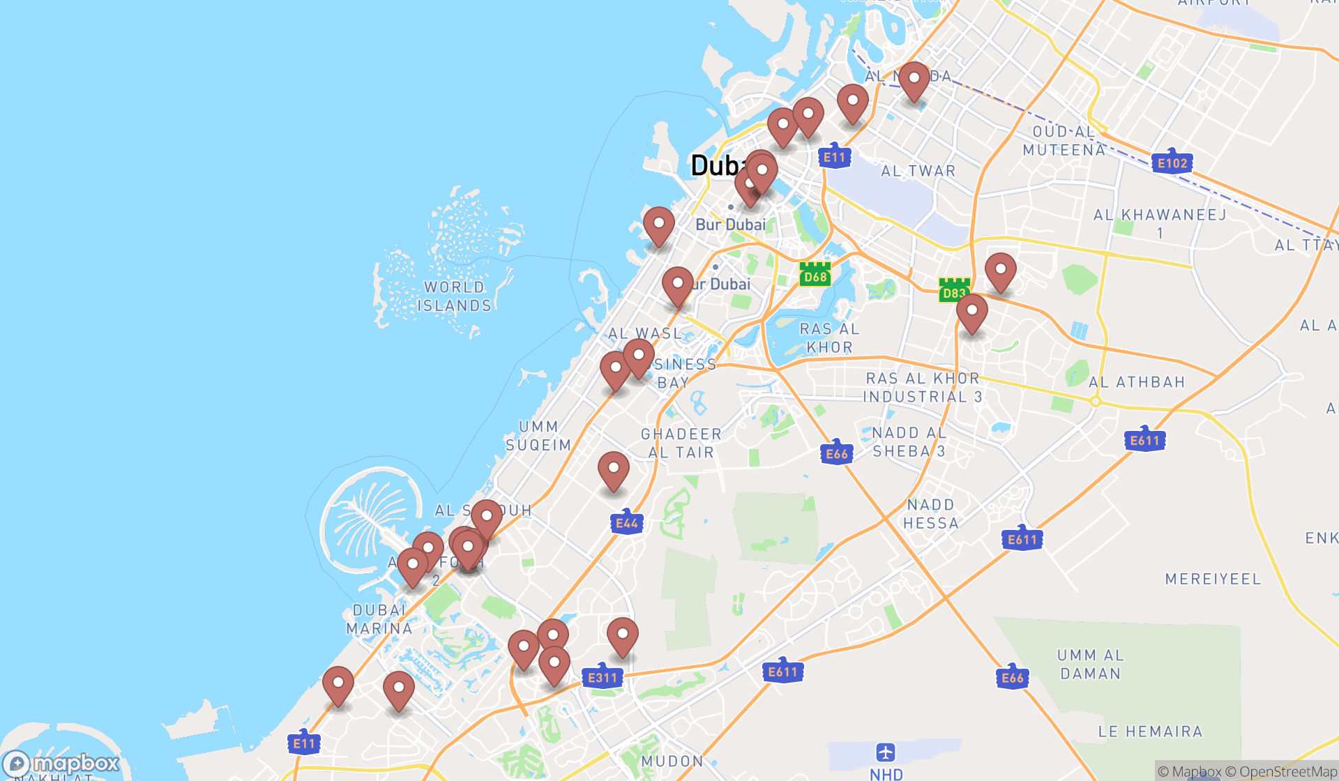 Map showing the search results in Dubai