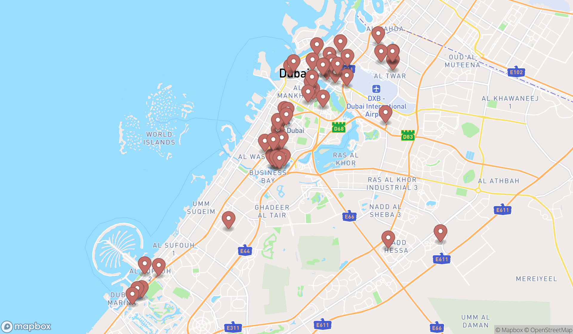Map showing the search results in Dubai