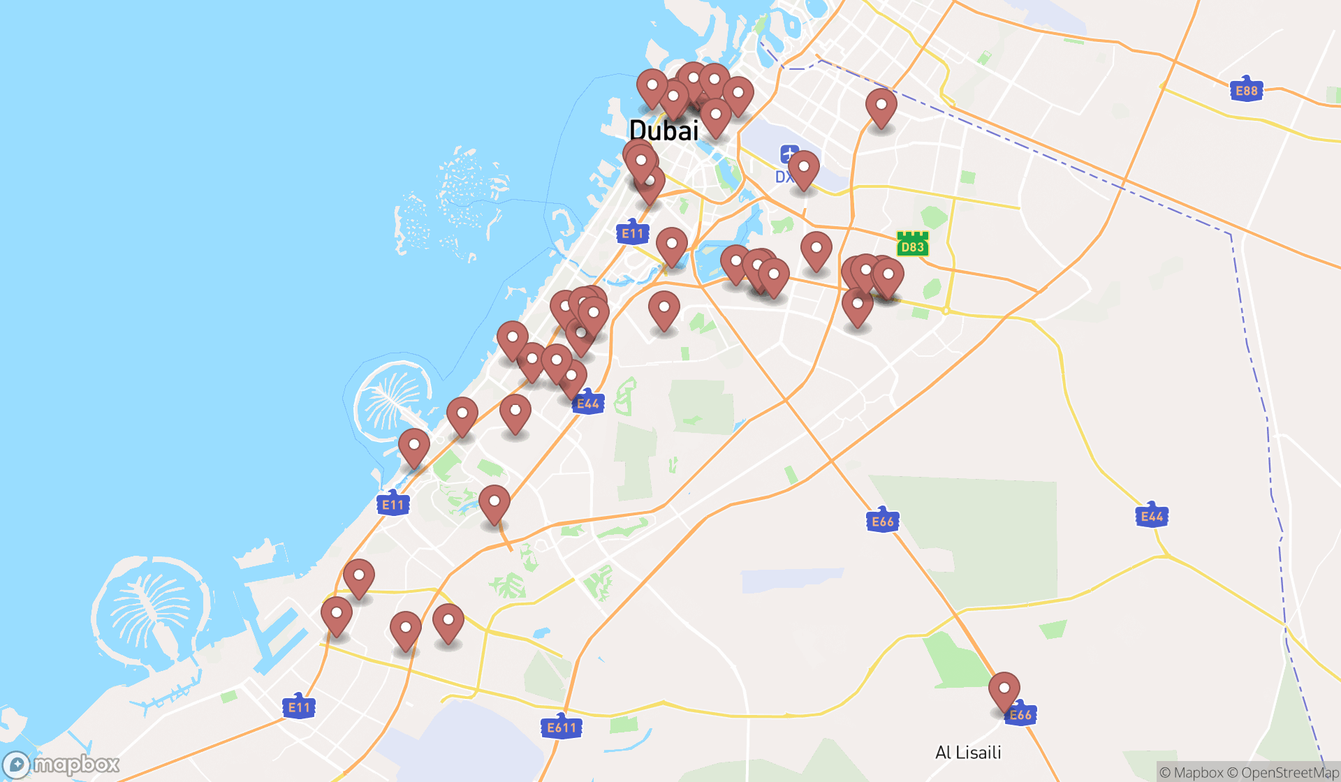 Map showing the search results in Dubai