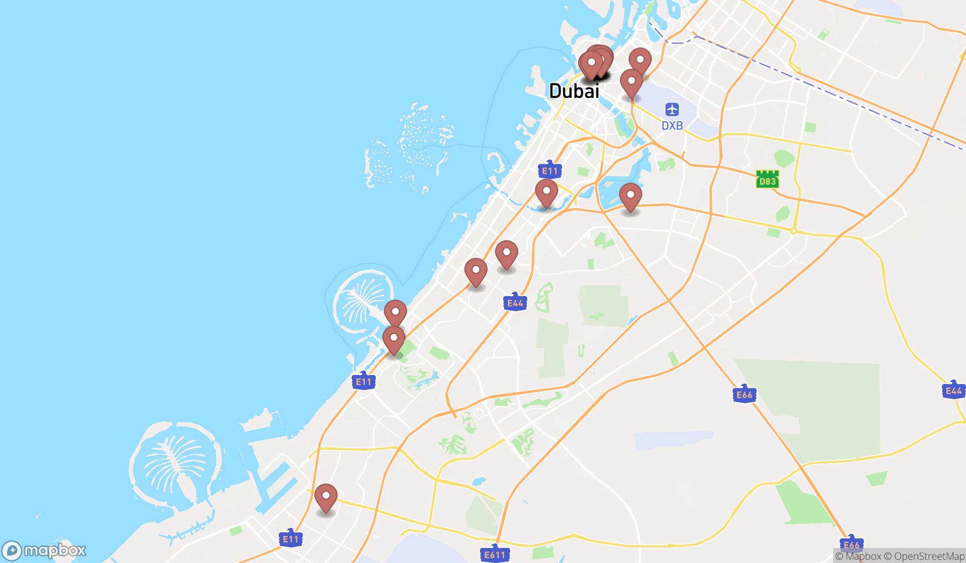Map showing the search results in Dubai