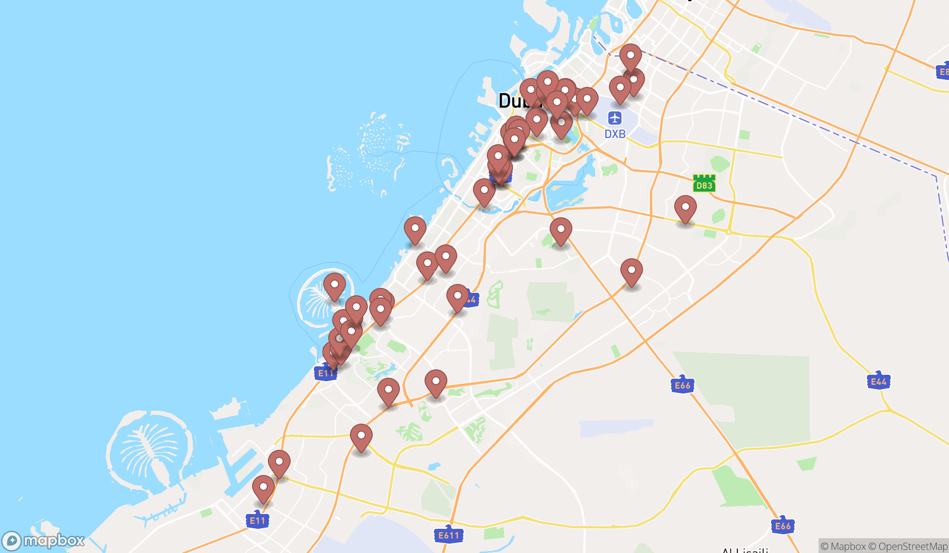 Map showing the search results in Dubai